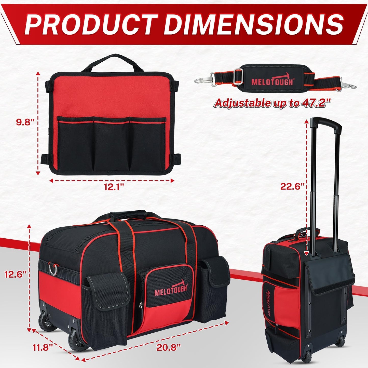 MELOTOUGH Heavy Duty Framing Nail Gun Tool Bag with Extra Storage Pockets Shoulder Strap, Rolling Tool Bag with Wheels, Concealed Telescoping Handle, Multi-Pocket Organizer