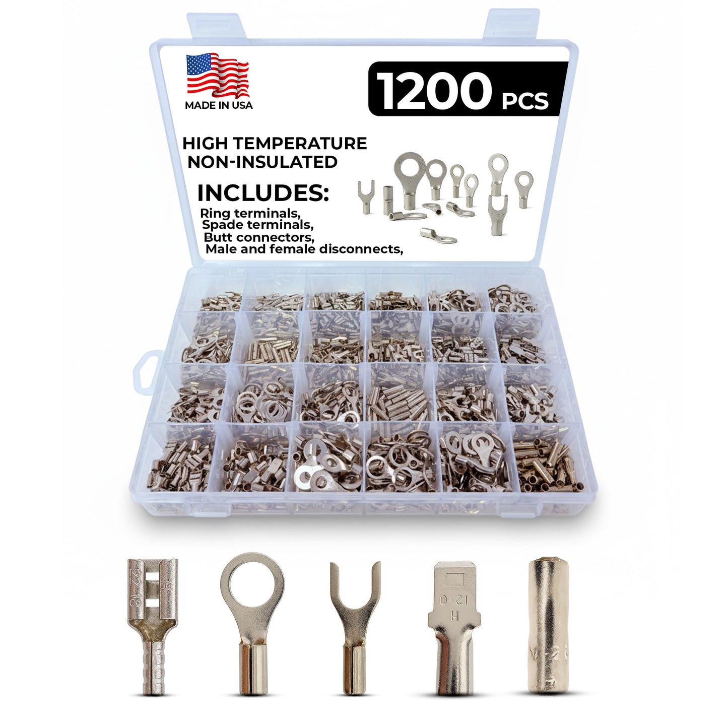 Sherco-Auto 1200 Piece - 900°F High Temperature Crimp Wire Connectors Electrical Assortment Kit - Non-Insulated Nickel Plated Steel Ring/Spade/Butt Terminal Connectors (Male & Female)- Made in USA