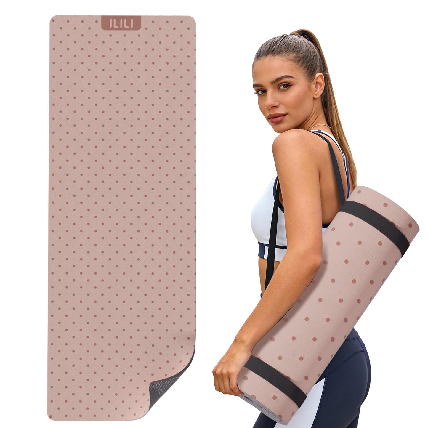 ILILI Yoga Mat 10mm Thick, Suede&TPE Exercise Mat, 76"L*28"W Extra Long, 0.4 Inches Soft and Comfortable, 193*70cm Fitness Mat with Strap, Portable for Yoga, Pilates, Floor Exercise, Home and Outdoor Use, Eco Friendly (Pinky Beige)