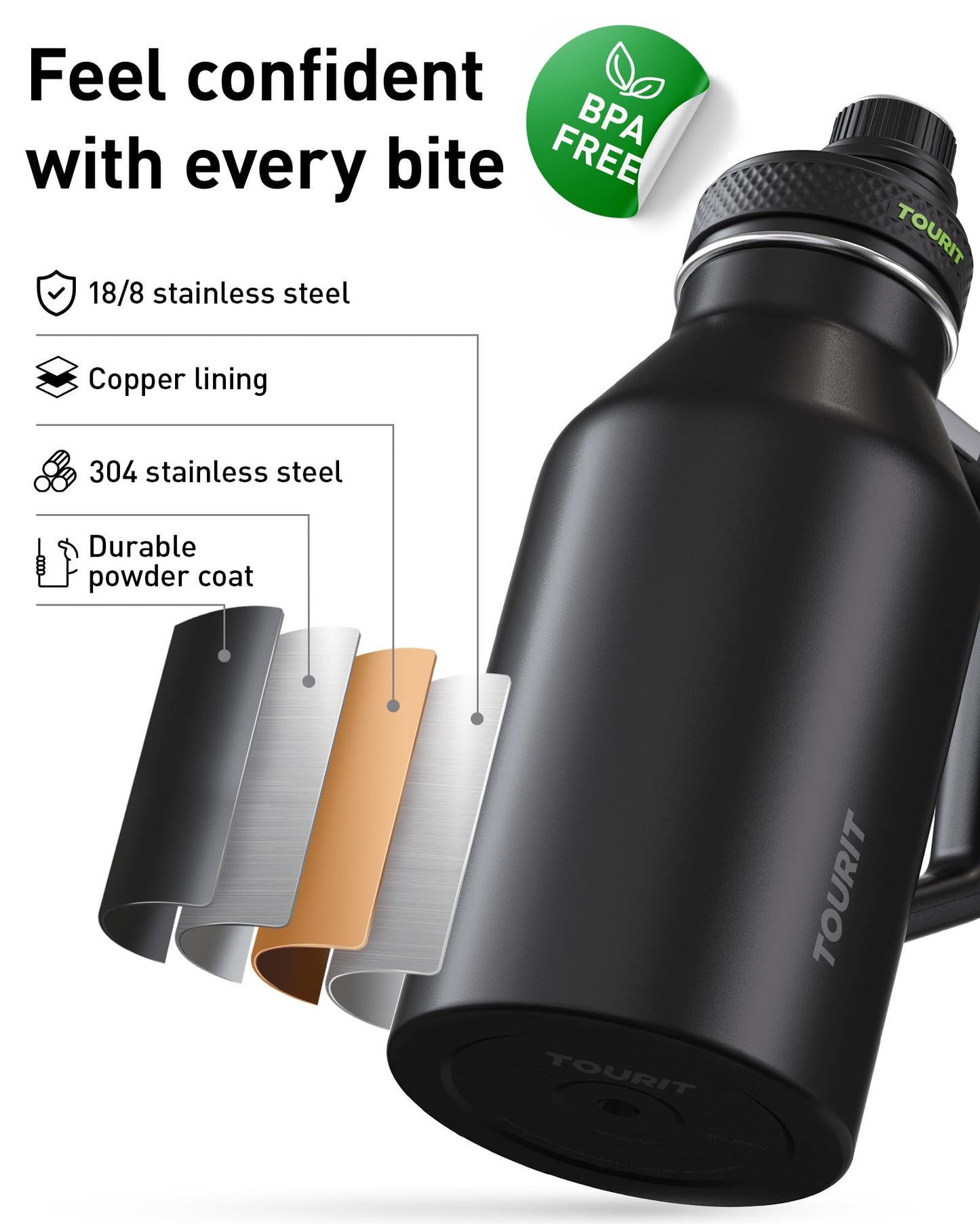 TOURIT 64oz Insulated Water Bottle Stainless Steel, Half Gallon Large Water Jug with 2-in-1 Handle, Double Wall Vacuum Metal Keep Cold & Hot, Wide Mouth Sport Water Flask For Gym, Travel, Silver