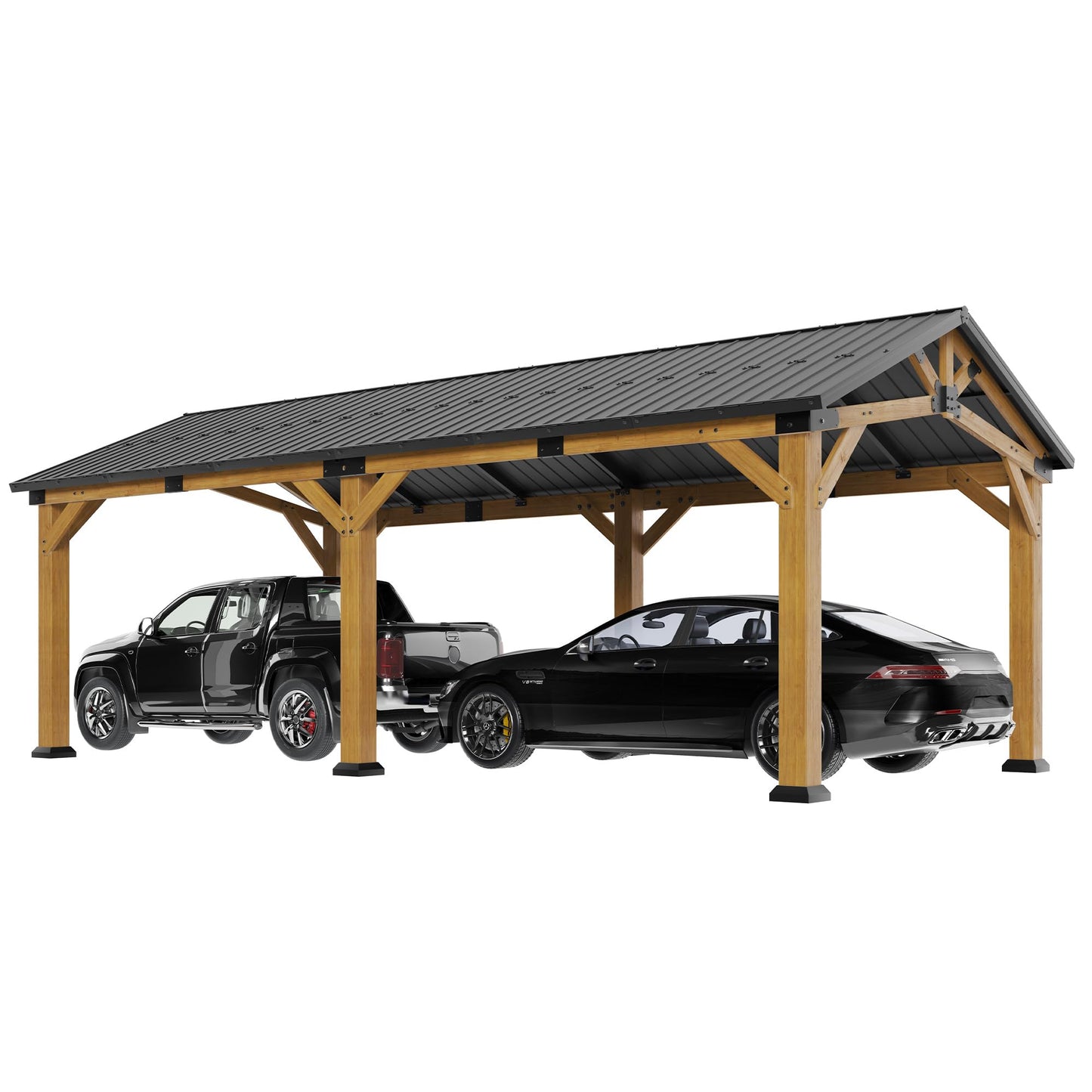 Jocisland 12x24x9.5 FT Cedar Wood Hardtop Carport with Galvanized Steel Roof, Waterproof Outdoor Gazebo Pavilion, Heavy-Duty Snow & Wind Resistant Canopy for Patio, Driveway, Garden