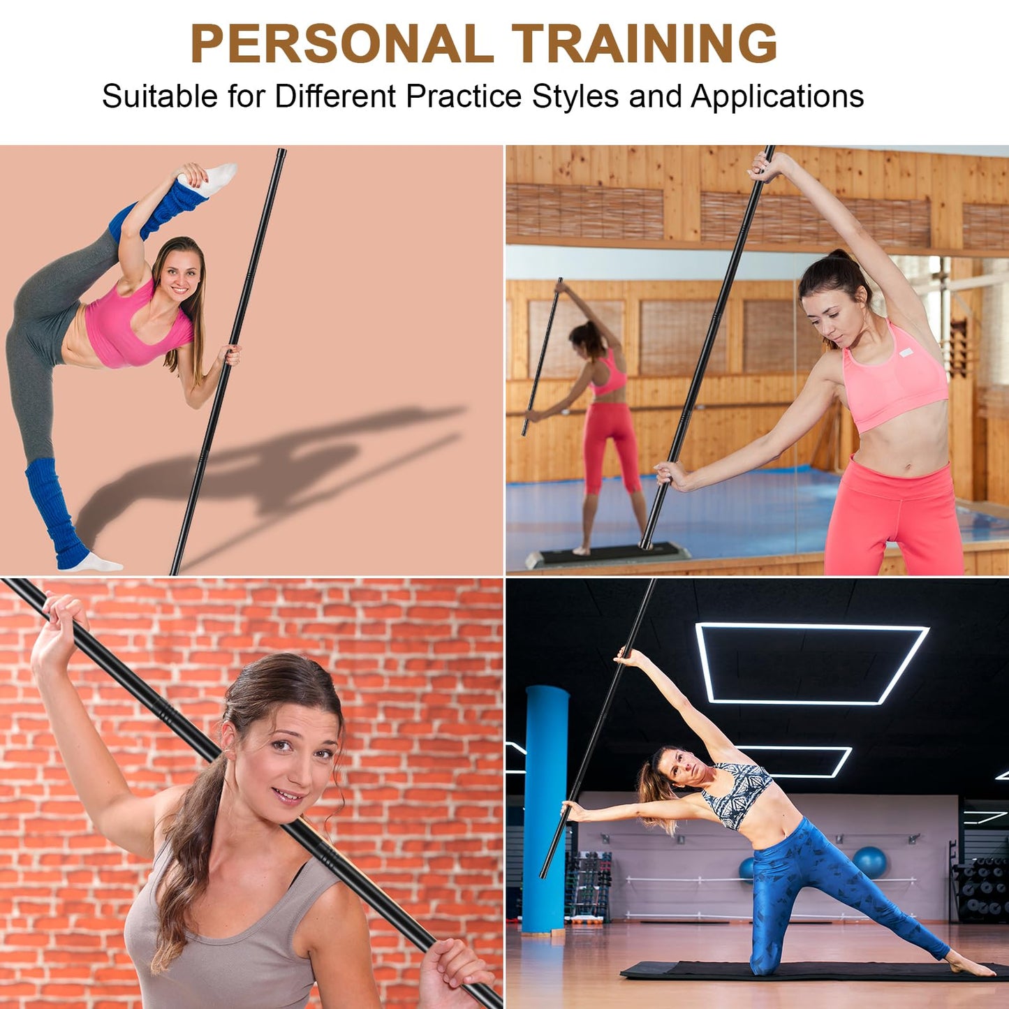 6 Set 5ft Yoga Stick Adjustable Stretching Sticks, Black Exercise Stick with Non-slip Rubber Ends, Posture Corrector Stretch Tool for Mobility Training, Workout, Balance Fitness (Per Set 5ft, Black)