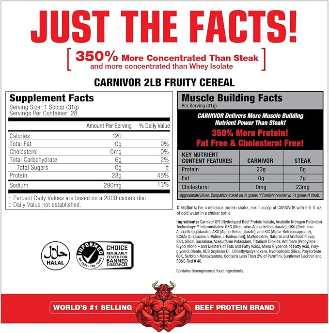 MuscleMeds CARNIVOR Beef Protein Isolate Powder, Muscle Building, Recovery, Lactose Free, Sugar Free, Fat, Free, 23g Protein, Fruity Cereal, 28 Servings