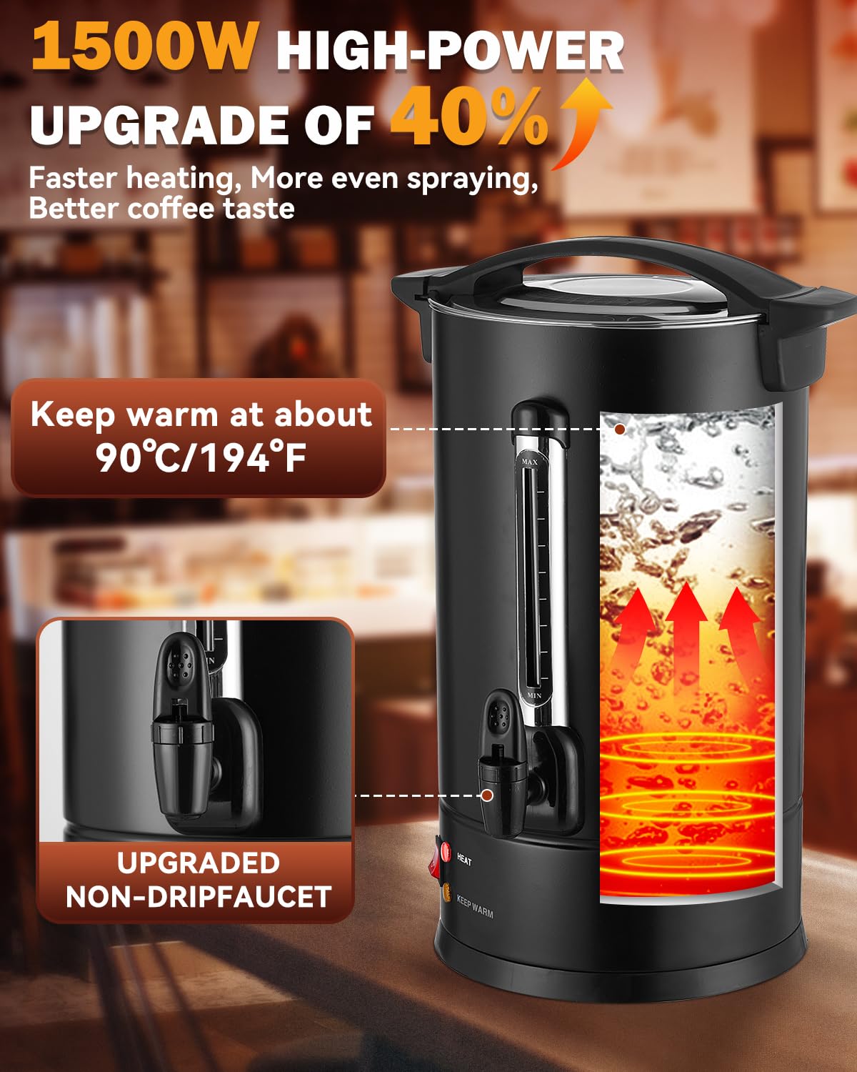110 Cup Commercial Coffee Urn with Percolator, 1500W Upgraded Power, Quick-Brewing Coffee Maker With Auto Temp Control, Large Stainless Steel Hot Beverage Dispenser, Hot Water Urn For Events, Catering