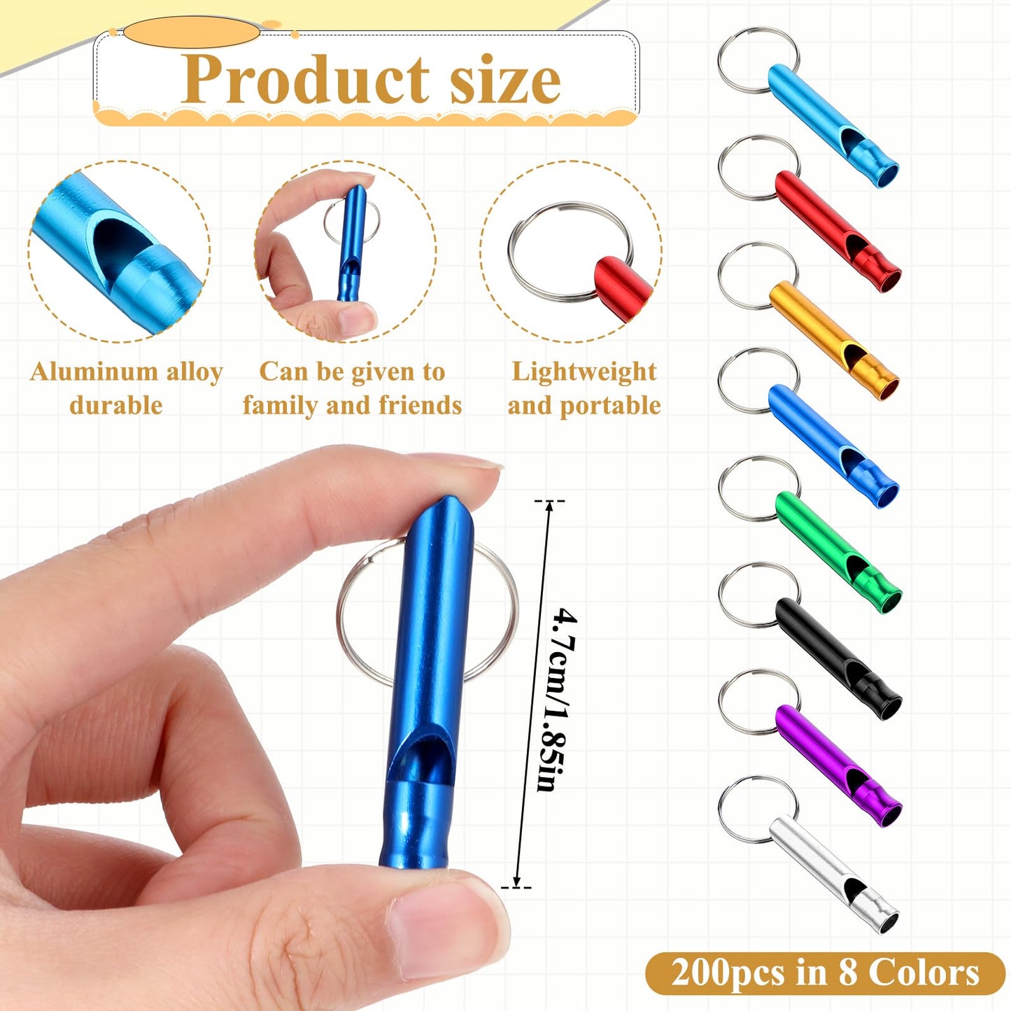 Aphumedc 200Pcs Emergency Whistles with Keychains, Aluminum Extra Loud Survival Whistle, Whistle Bulk for Camping Hiking Hunting Boating Training Outdoor Sports, Multicolor
