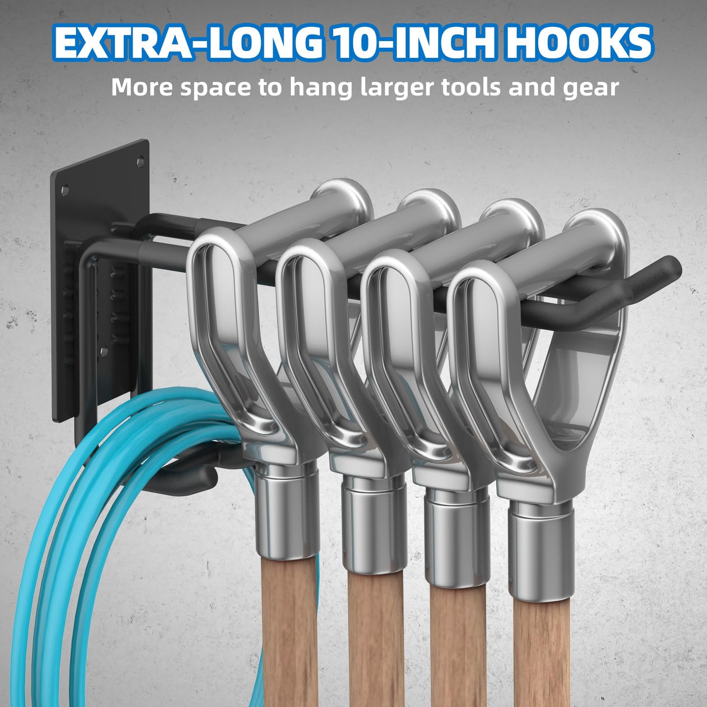 6 Pack Garage Hooks 10 INCH Heavy Duty Two-Tier Steel Shed Wall Mount Workshop Garage Storage Tool Organizer Hooks for Hanging Garden Tool, Hose, Ladder, Chairs, Bikes with Anti-Slip Coating