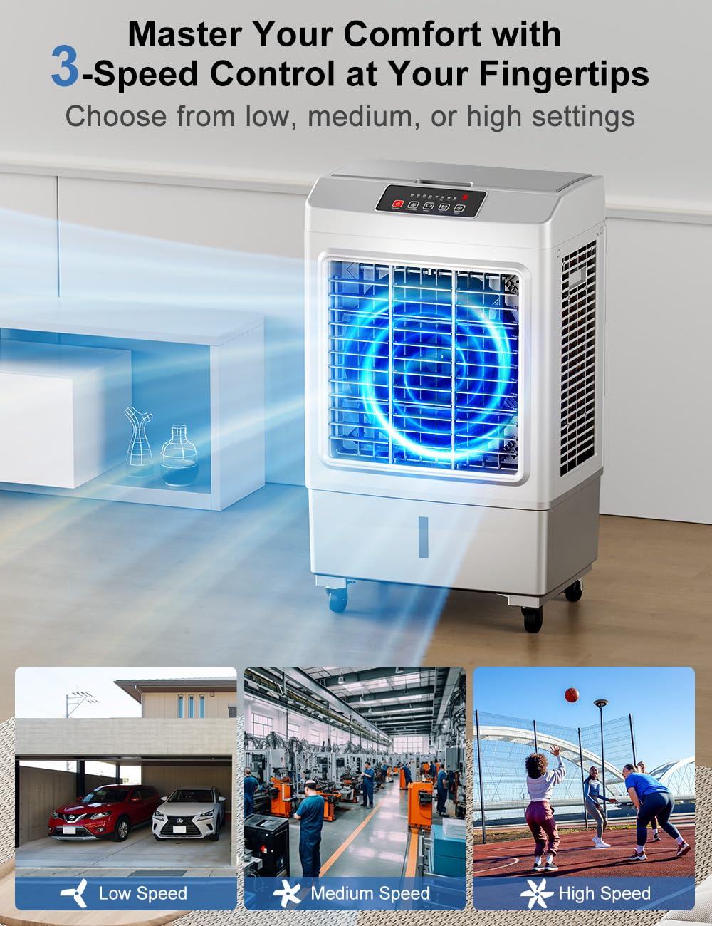 Large Swamp Cooler Air Conditioner, 3 Speeds&3 Ice Boxes, Portable Cooling Fan for Garage Outdoor Indoor Large