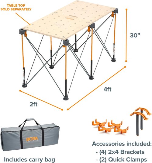Bora Centipede Folding Work Table - 2 Ft. L x 4 Ft. W x 2.5 Ft. H - Steel, 1500 lb Capacity, Gray/Yellow