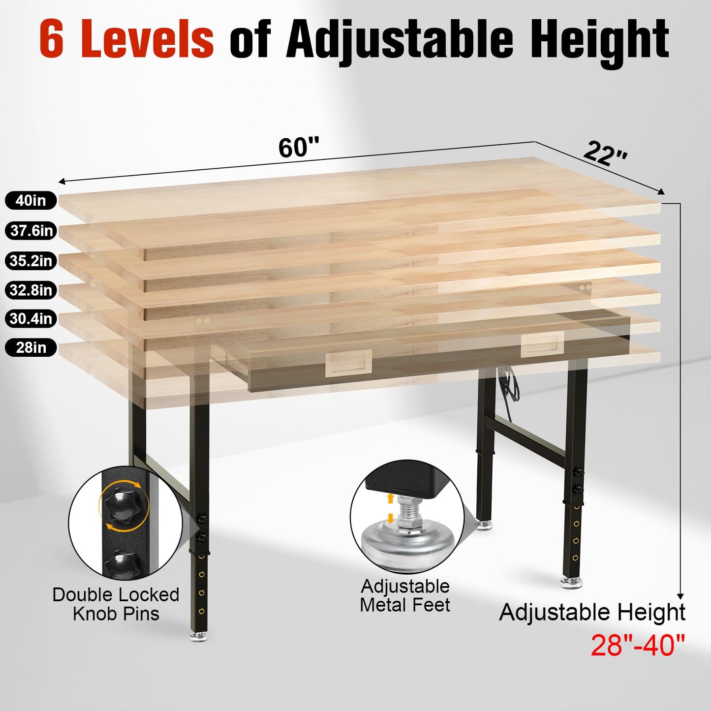 MUWOOD 60" Workbench with Drawers, Work Benches for Garage with Strip Light, Adjustable Work Table with Large Pegboard, 2000 LBS Heavy Duty Table with Power Outlet Rubber Wood for Garage, Office