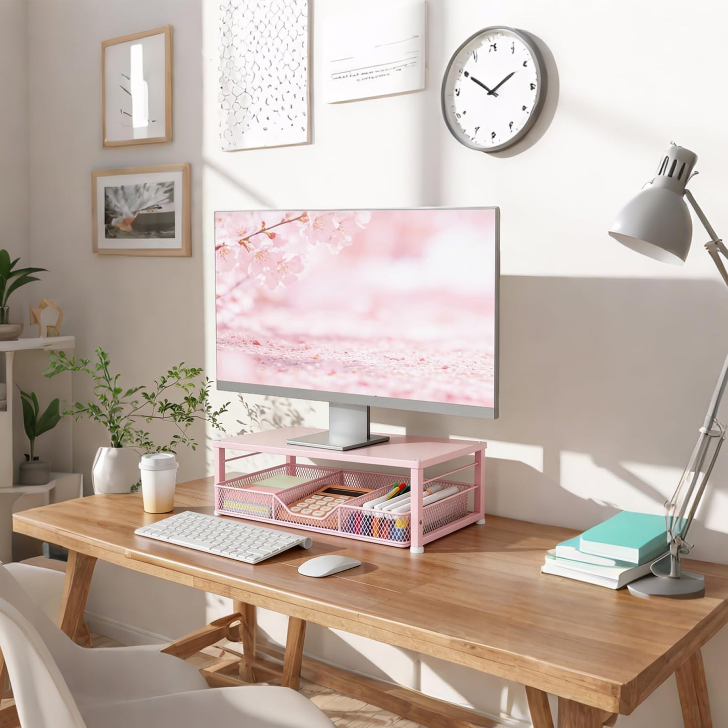 Small Pink Laptop Stand for Desk, Monitor Stand, Office Desk Accessories, Computer Desktop Stand with Drawer for Home