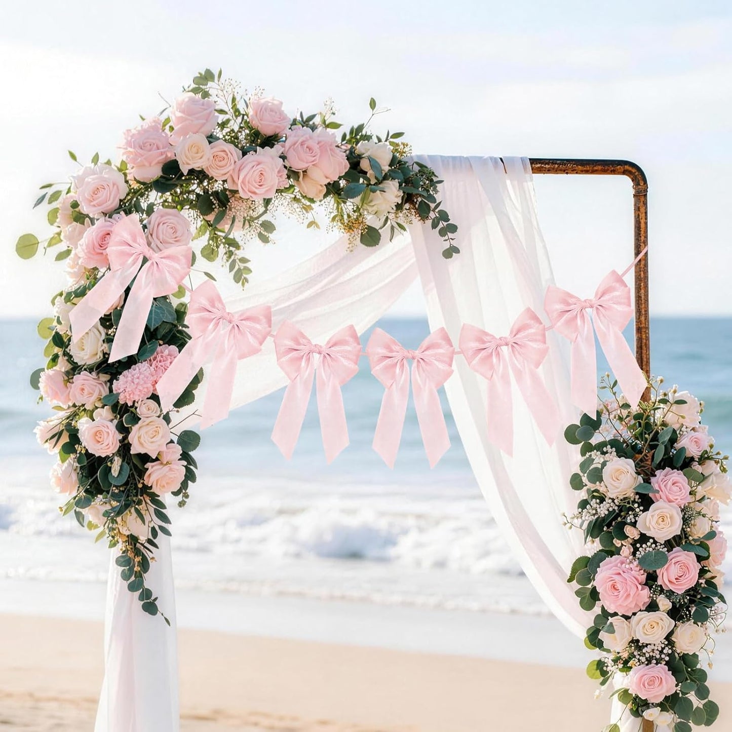 Skiennix 6.5ft Pink Bows Garland Banner - 6 Pcs Pre-Strung Bow Party Decorations for Birthdays & Showers
