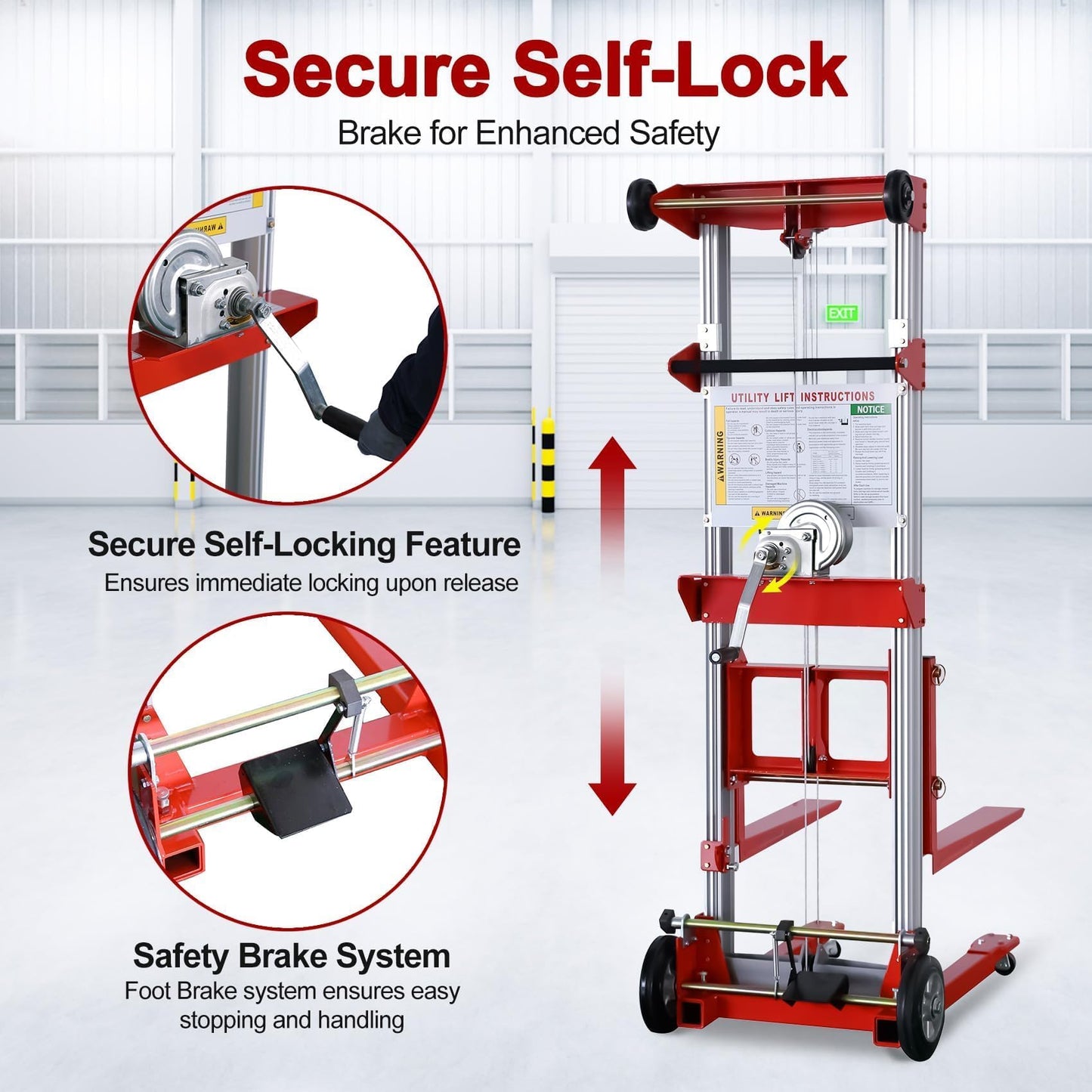 ELOMBR 122" Material Lift Winch Stacker, 400 lbs Capacity Manual Material Lifts, Fixed Straddle Material Lifter, Hand Winch Lift Trucks for Warehouse, Factory, Lightweight, 34.60" L x 24.80" W, Red
