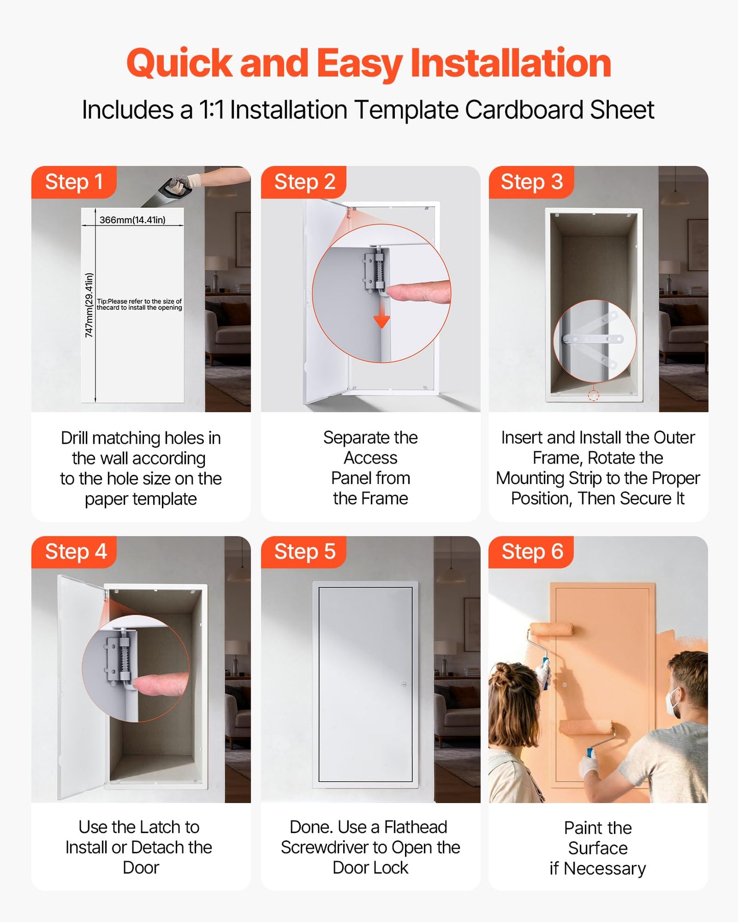 VEVOR Access Panel for Drywall, 30.3 x 15.2 in Galvanized Steel Access Door, Easy Install Hinged Service Panel with Screwdriver Latch, for Ceiling Plumbing Electrical, 14.4 x 29.4 in Cutout Size White