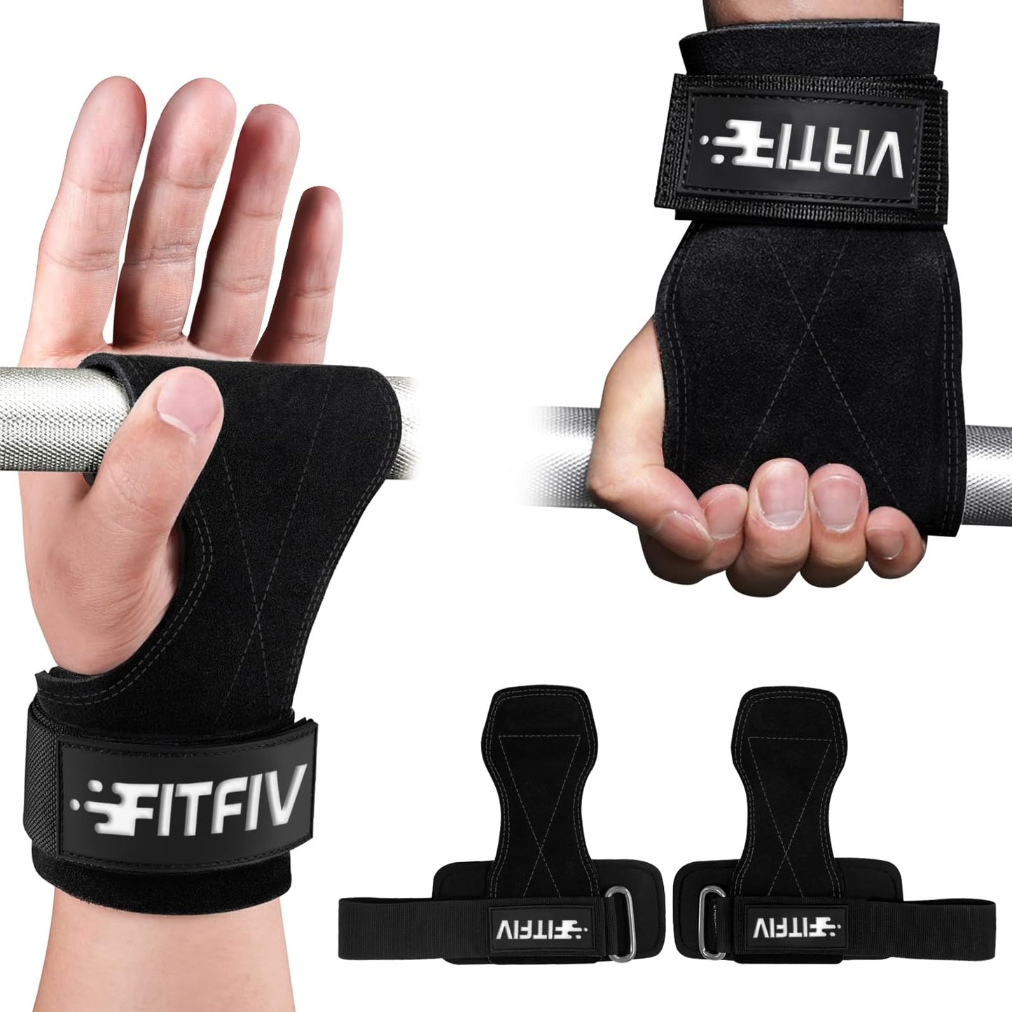 FITFIV Weight Lifting Wrist Strap, Double Leather Weightlifting Wrist Straps for Gym Strength Training, Neoprene Padded Wrist Wraps - for Men & Women (Pair)