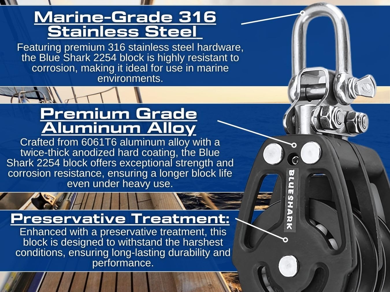 Blue Shark 2254-38 mm Fixed Double Aluminum Sailing Block - Max Line: 3/8” (10 mm), Safe Working Load (SWL): 1600 lbs, Breaking Load: 2850 lbs (1-Pack)