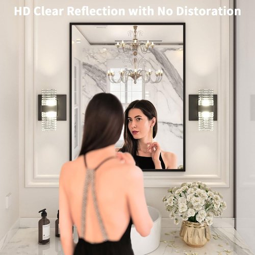 LOAAO Black Rectangle Bathroom Mirror - 28" x 36" Matte Black Aluminum Frame, Tempered Glass, Versatile Hanging Options
