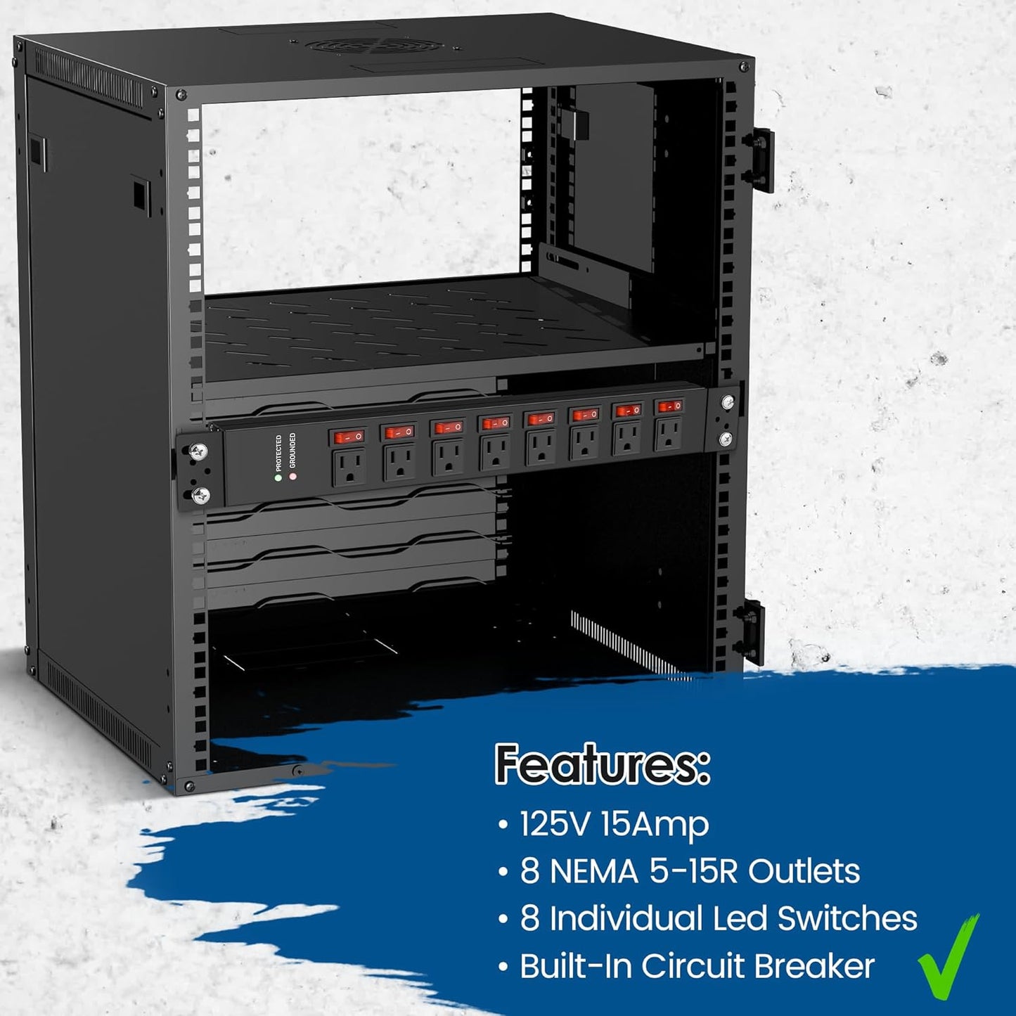 Jgstkcity Strips,8 Switches,1.5U Racks,14AWG Cord,2700J,15A 125V 1875W 10 Rack Mount PDU Power Outlet Surge