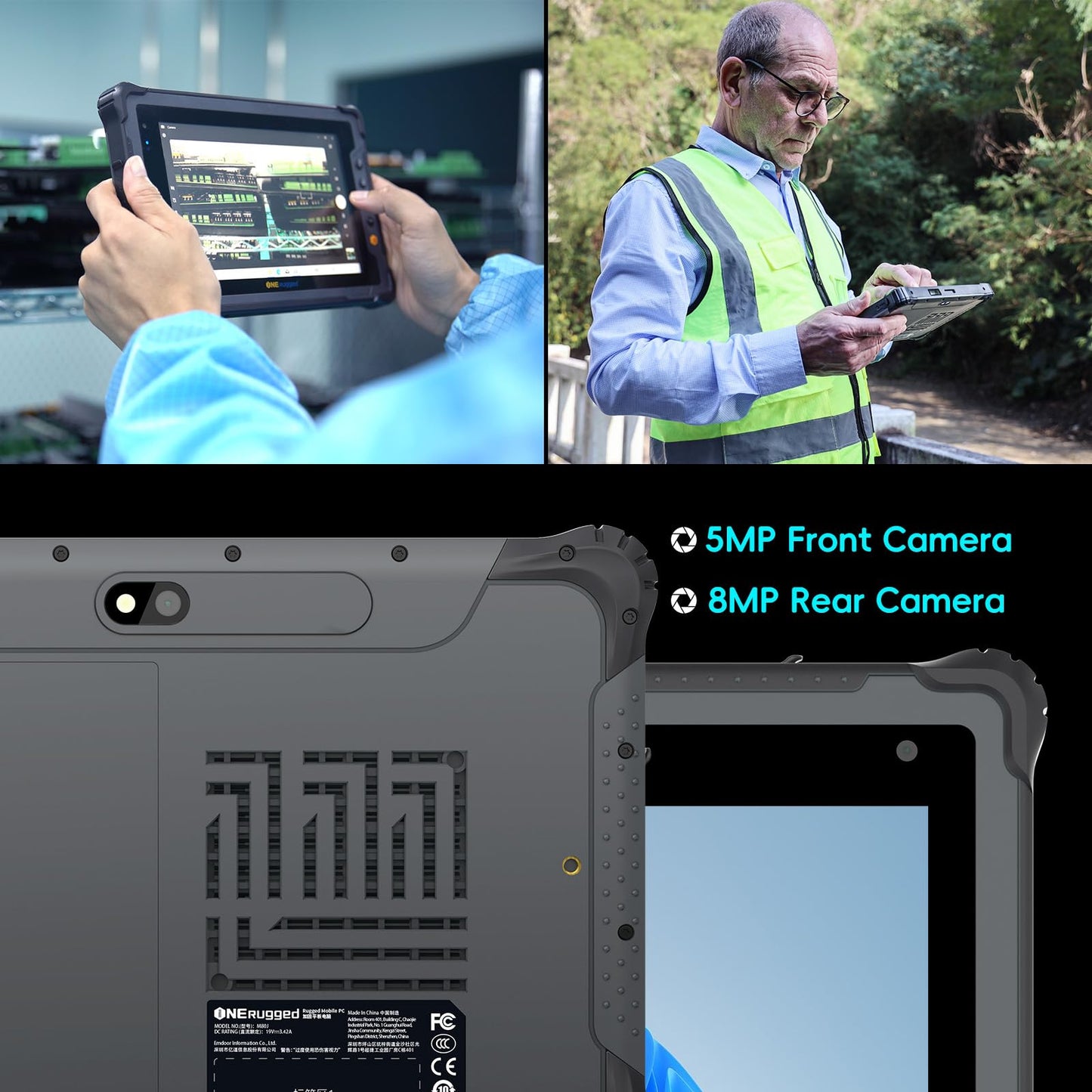 ONERugged Rugged Tablet M80J, 8 inch Windows 11 Pro Tablet, 8GB+128GB, Celeron N5100, IP65 Waterproof, MIL-STD-810H, 5000mAh, Industrial Outdoor Work PC w/ 8MP+5MP Camera (Gray) (Black)