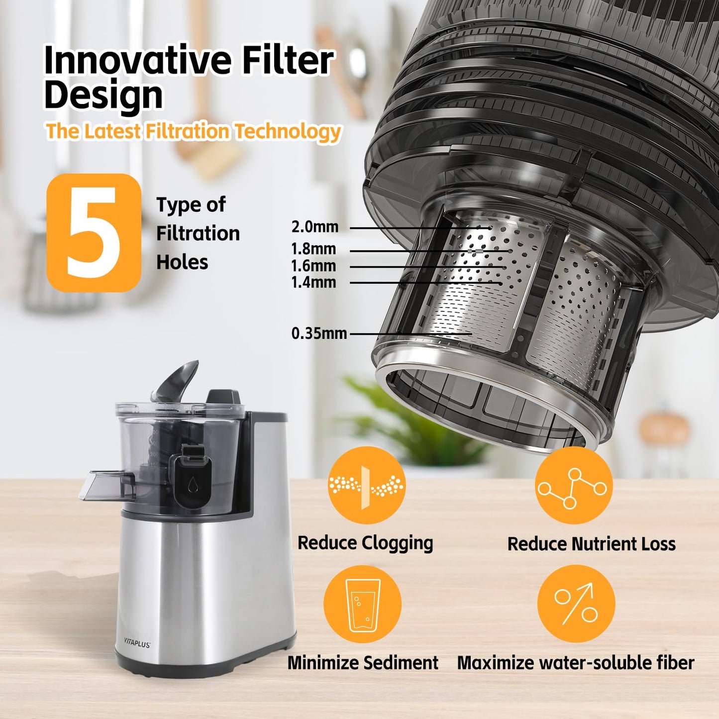 VITAPLUS Stainless Steel Auger Cold Press Juicer, AC Motor Slow Masticating Juicer, Plastic-Free Extractor for Whole Fruits & Vegetables, 5.8" Wide Chute, BPA-Free, Easy to Clean, FDA21 CFR Tested