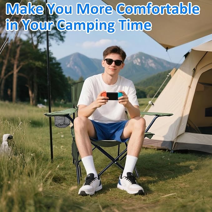 Folding Camping Chair, 225lb Capacity, Includes Cup Holder & Side Storage Bag, 5.5lbs Portable for Beach, Camping, Sport,Green