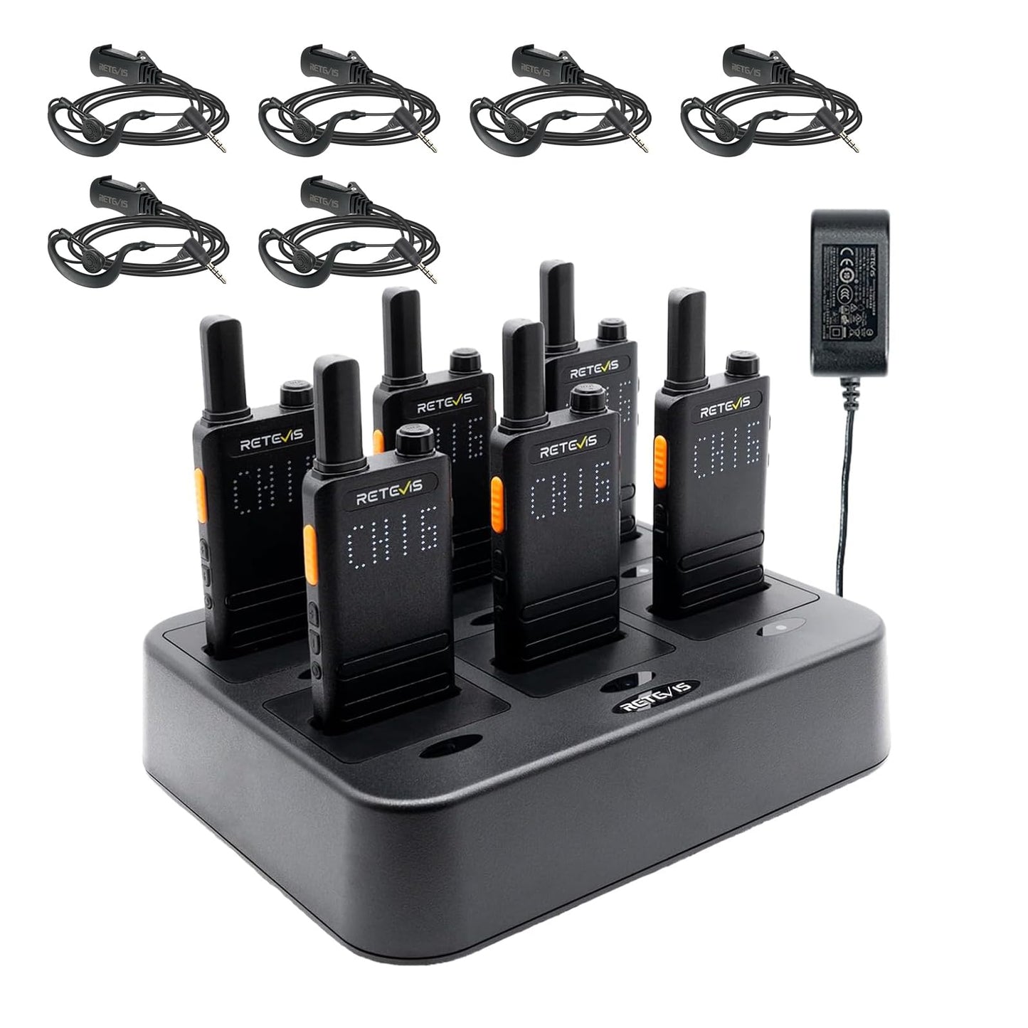 (3nd Gen RT22) Retevis B3H Walkie Talkies for Adults-Ultra Slim, with Earpiece, 6 Way Multi Unit Charger, 1620 mAh, LED Display, Business Portable FRS Two-Way Radios for Retail Store (6 Pack)