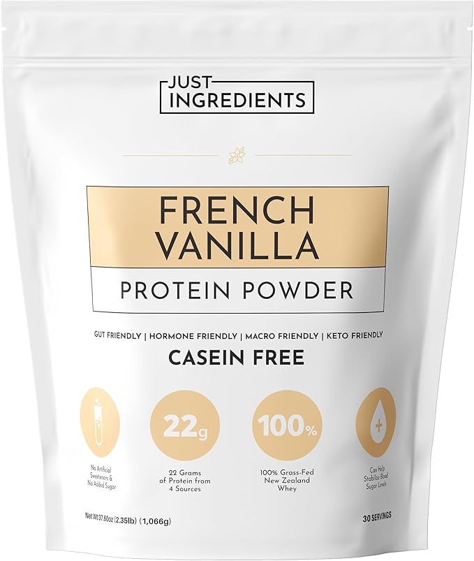 JUST INGREDIENTS French Vanilla Protein Powder ??30 Serving Bag ??Grass-Fed Whey & Plant Protein Blend with Real Vanilla Bean ??Sweetened with Coconut Sugar & Monk Fruit, Non-GMO, Gluten-Free