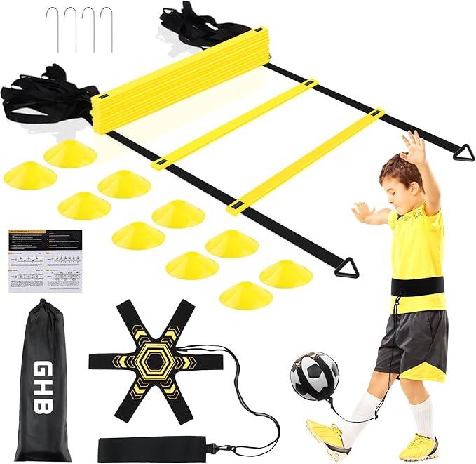 GHB Pro Agility Ladder Soccer Kick Trainer Set 20ft 12 Rung 10 Cones and 4 Stakes Speed Agility Football Training Equipment with Carrying Bag