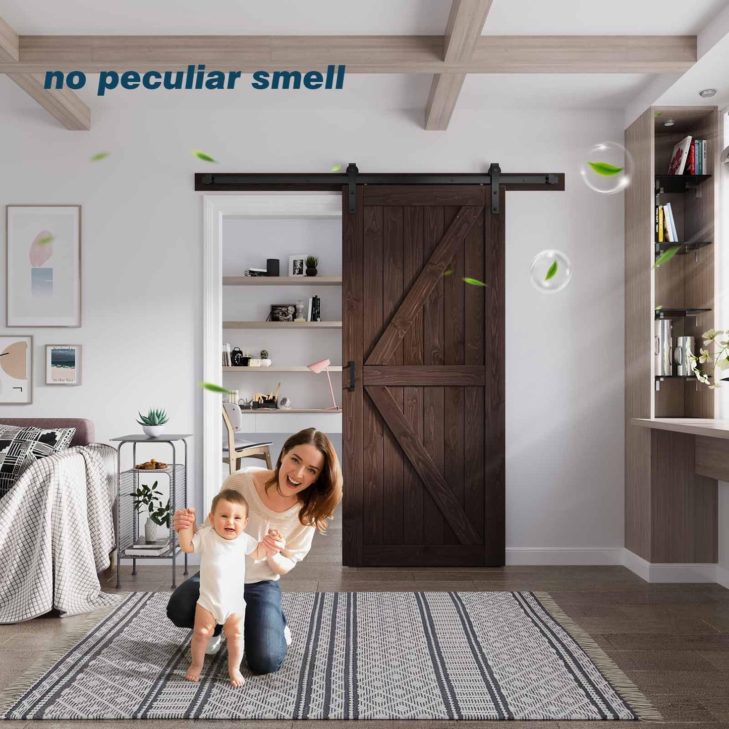 FREDBECK 36in x 80in Brown Barn Door with 6.6ft (79inch) Barn Door Hardware Track Kit and Handle Included, Double Surfaces,Simple Assembly is Required,K-Frame,Coffee