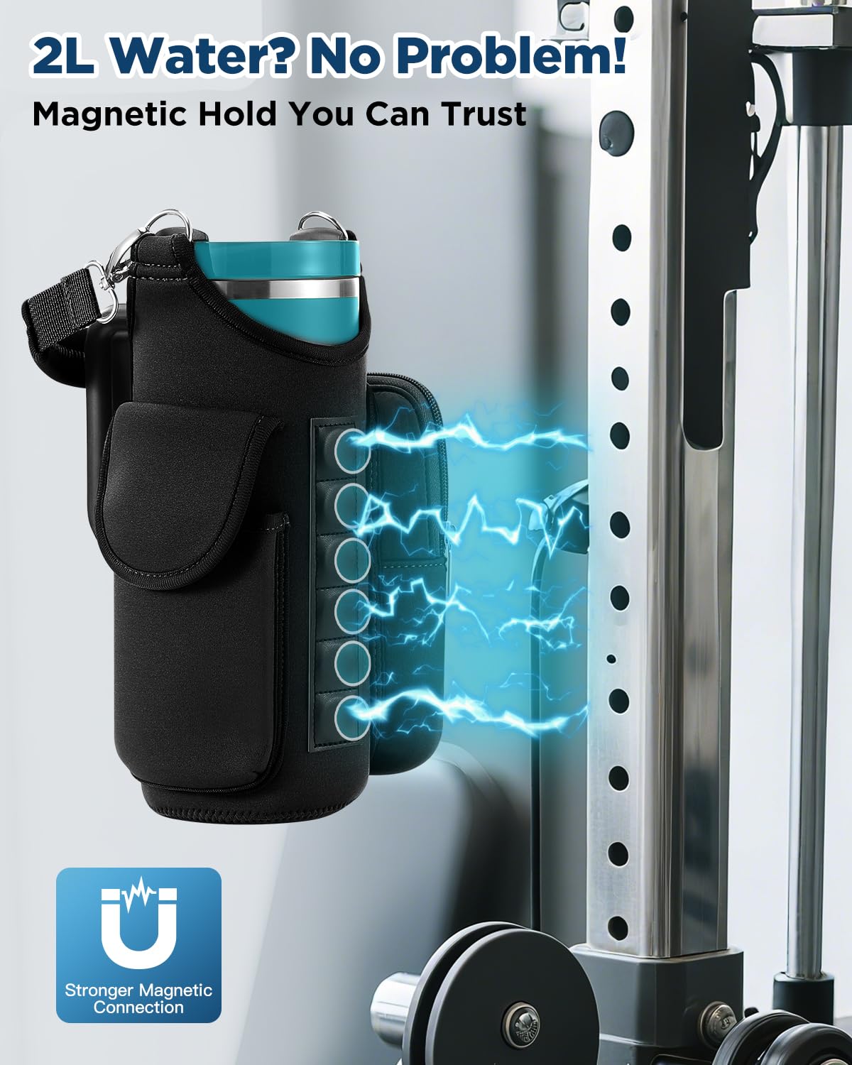 IPOW Magnetic Gym Bag Water Bottle Carrier Holder with Phone Pockets & Shoulder Strap for Men Women,Water Bottle Holder, Gym Pouch, Crossbody Bag for Travel, Sports, Work, Fitness - Black