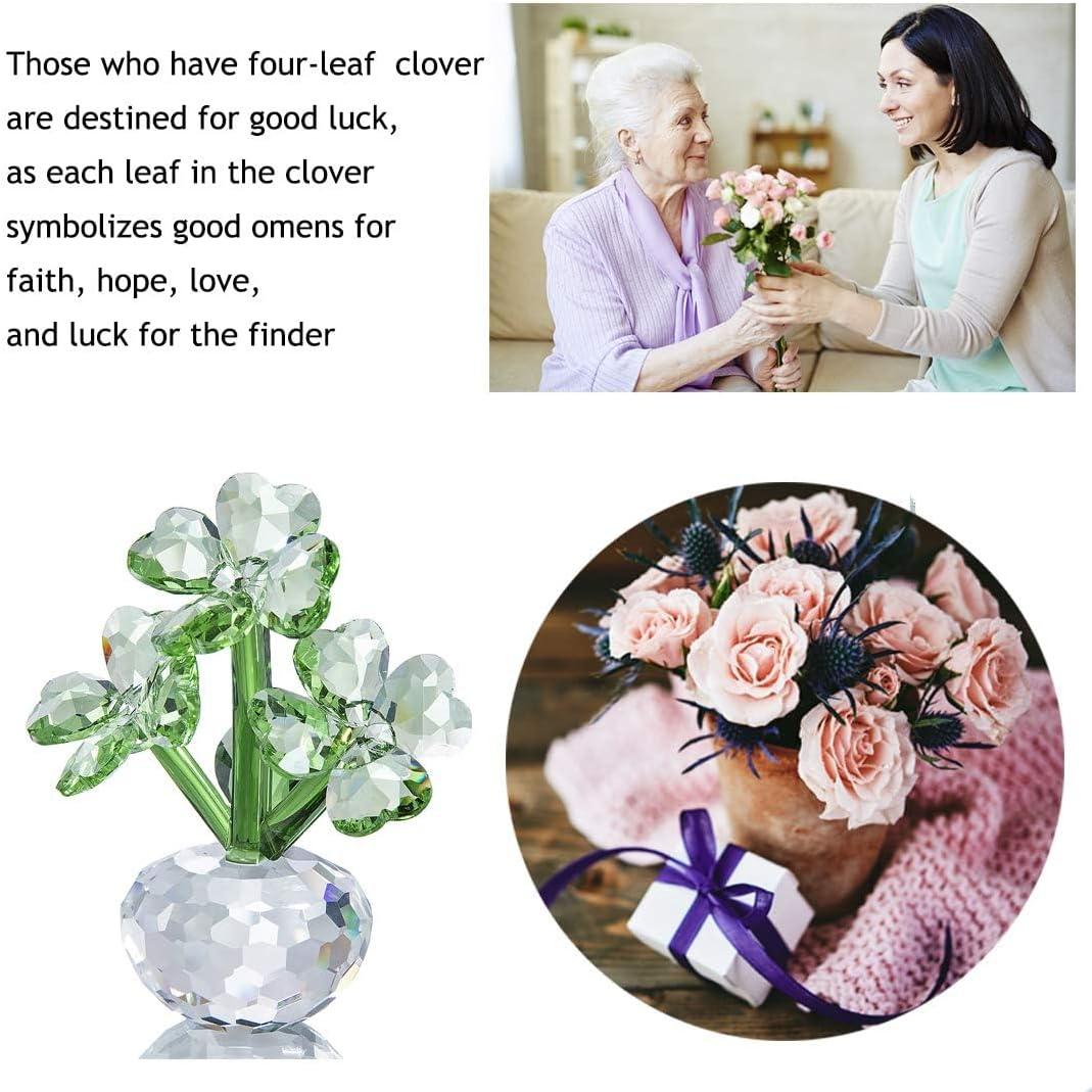 QFkris Crystal Flower Dreams Four-Leaf Clover Figurine - Perfect St. Patrick's Day Gift | 3.7" Crystal Ornament for Mother's Day & Valentine's Day