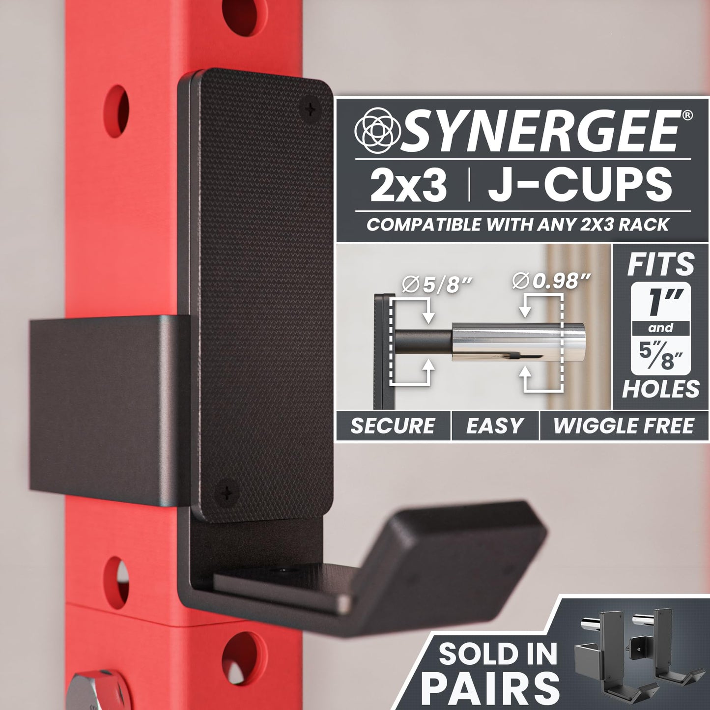 Synergee J-Hooks for Power and Squat Racks. 2x3 J-Cups Designed for 1” or 5/8 Hole. J-Hooks for Power Lifting, Squats and Presses. Sold in Pairs.