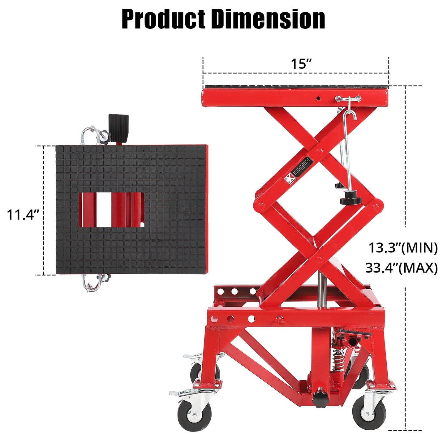Hydraulic Motorcycle Lift Table, 350 LB Capacity Foot Operated Motorcycle Scissor Jack with 4 Wheels & Wide Deck & J-Hooks, 13.3-33.4 in Lifting Height, Ideal for ATV Dirt Bikes, Red