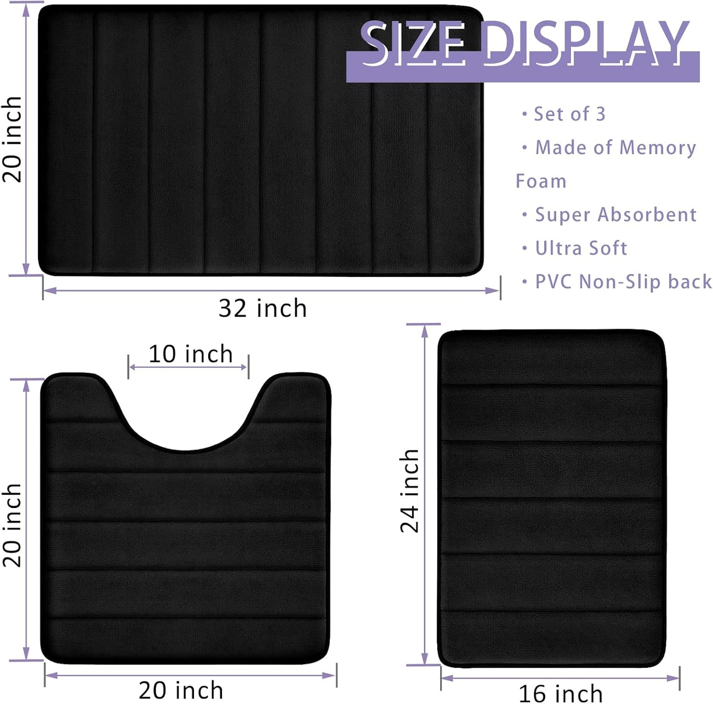Skiennix Memory Foam Bath Rugs Set - Non-Slip, Washable, Super Soft 3-Piece Black Bathroom Mats