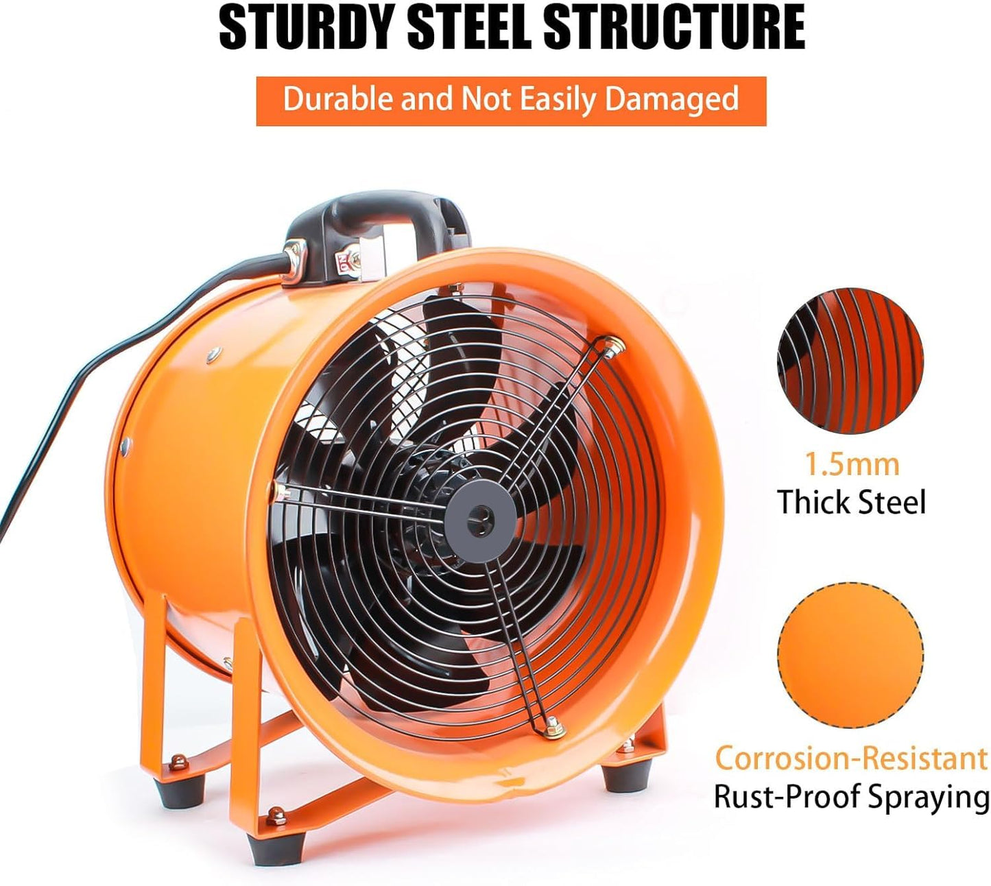 12-Inch High-Velocity Portable Utility Blower Fan, Industrial Exhaust Fan with 33ft Flexible Duct Hose, 3150 RPM Low-Noise Ventilator for Basements, Workshops, Warehouses, and Confined Spaces