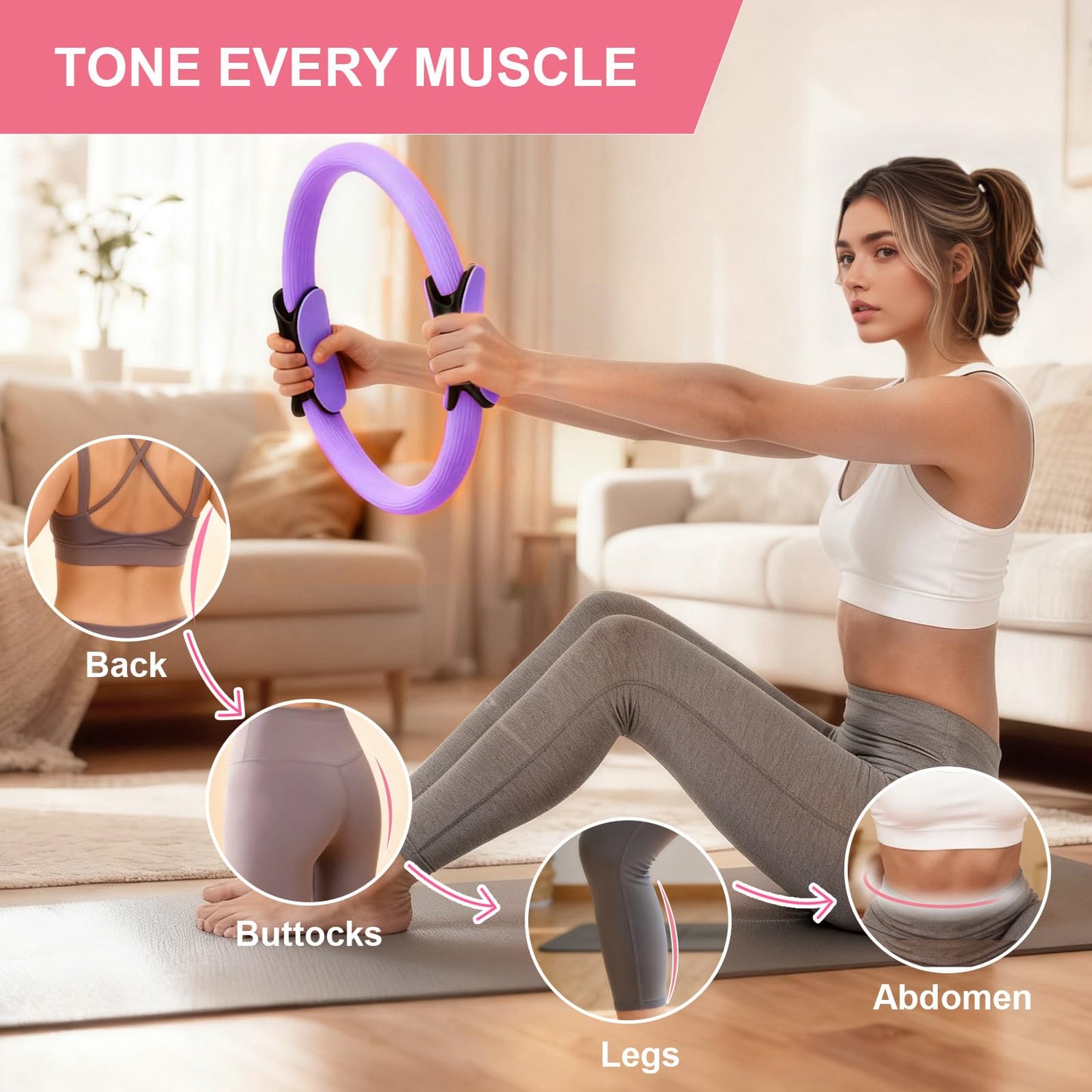 BYYNNE Home Pilates Kit for Women - 14 Pcs Pilates Equipment Set with Pilates Ring and Ball, 5 Resistance Bands Etc Accessories for Beginners Home Workouts - Includes Workout Guide (Purple)