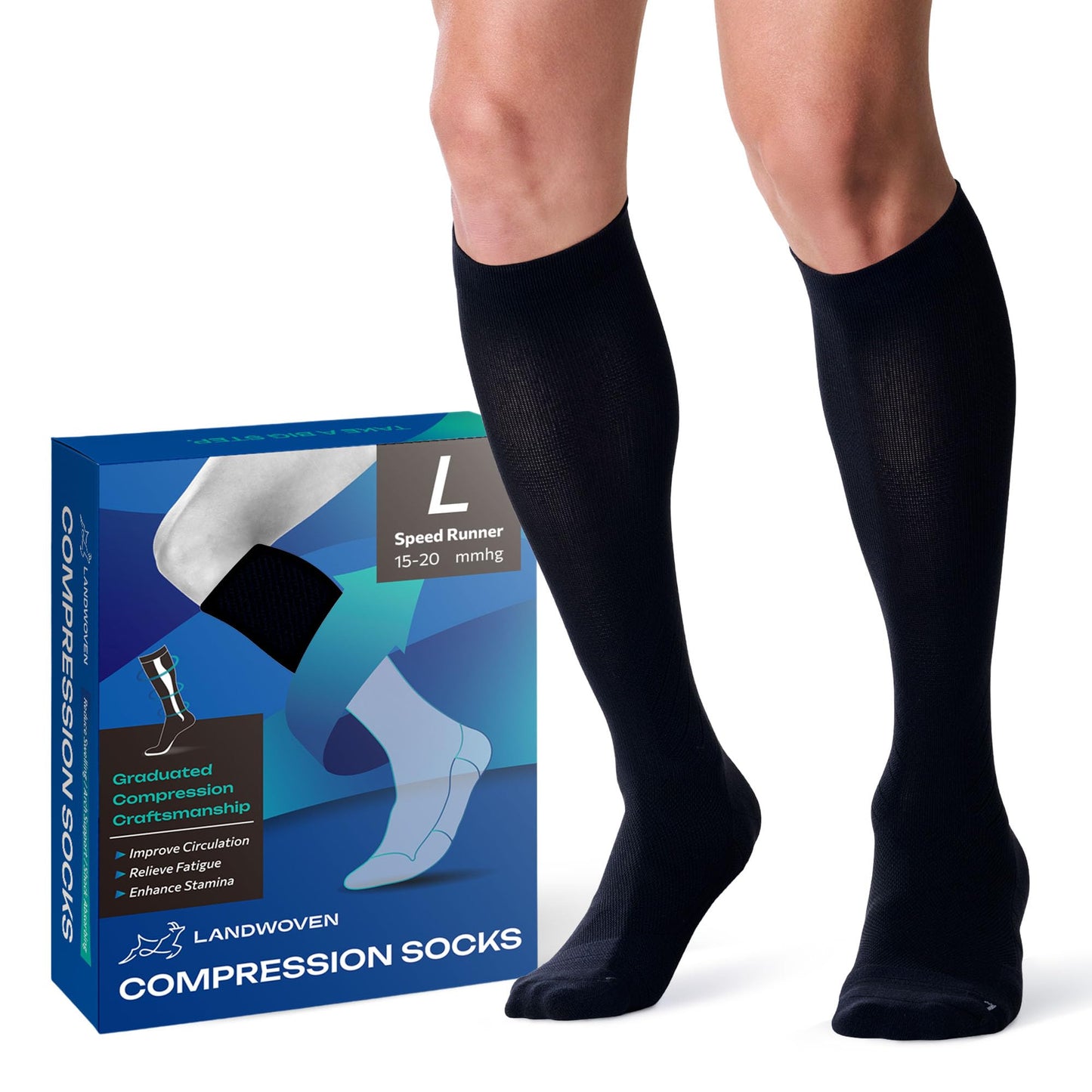 LANDWOVEN Compression Socks for Women and Men, 15-20mmHg Knee High Support Socks, Lightweight Breathable Travel and Running Socks for Flying, Training, Work and Daily Wear, L, Black 1 Pair