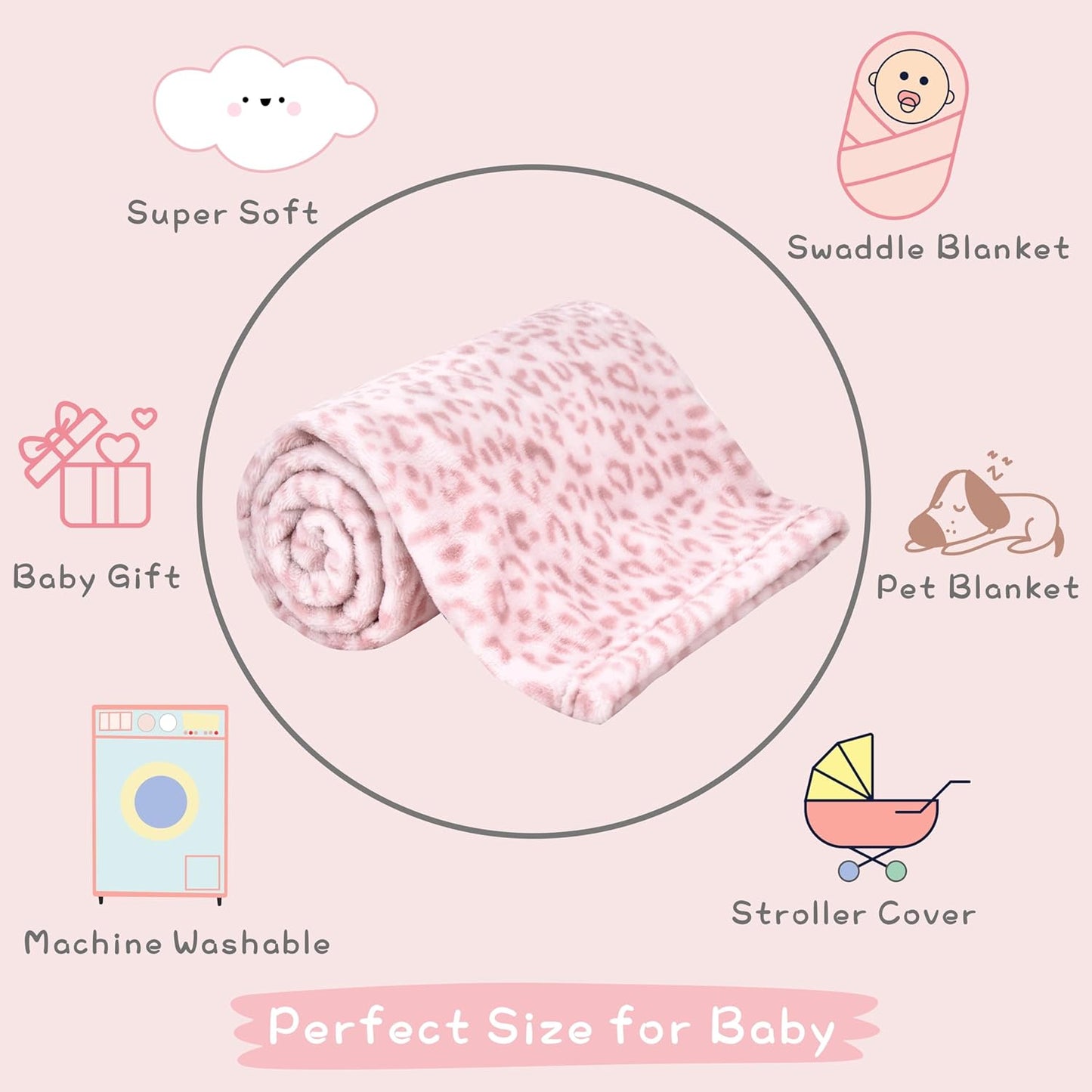 Yurhap Leopard Print Baby Blanket - Ultra Soft Cozy Fleece for Girls | 30"x40", Light Pink