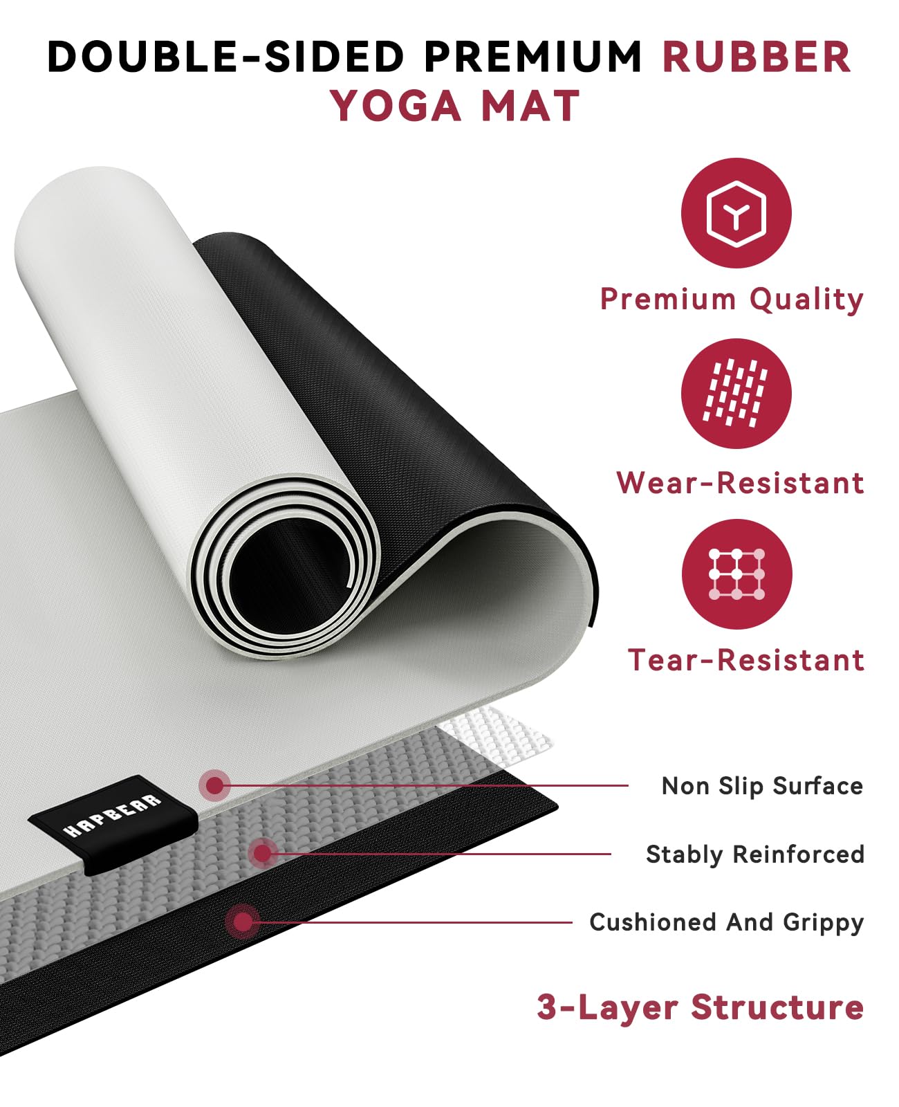 HAPBEAR Large Yoga Mat - 72"×30" Double-Sided Rubber Exercise & Workout Mat - Non-Slip Textured Surface - 5mm Thick Cushioned for Joints - Shock-Absorbing for Yoga, Pilates - Bonus Oxford Bag