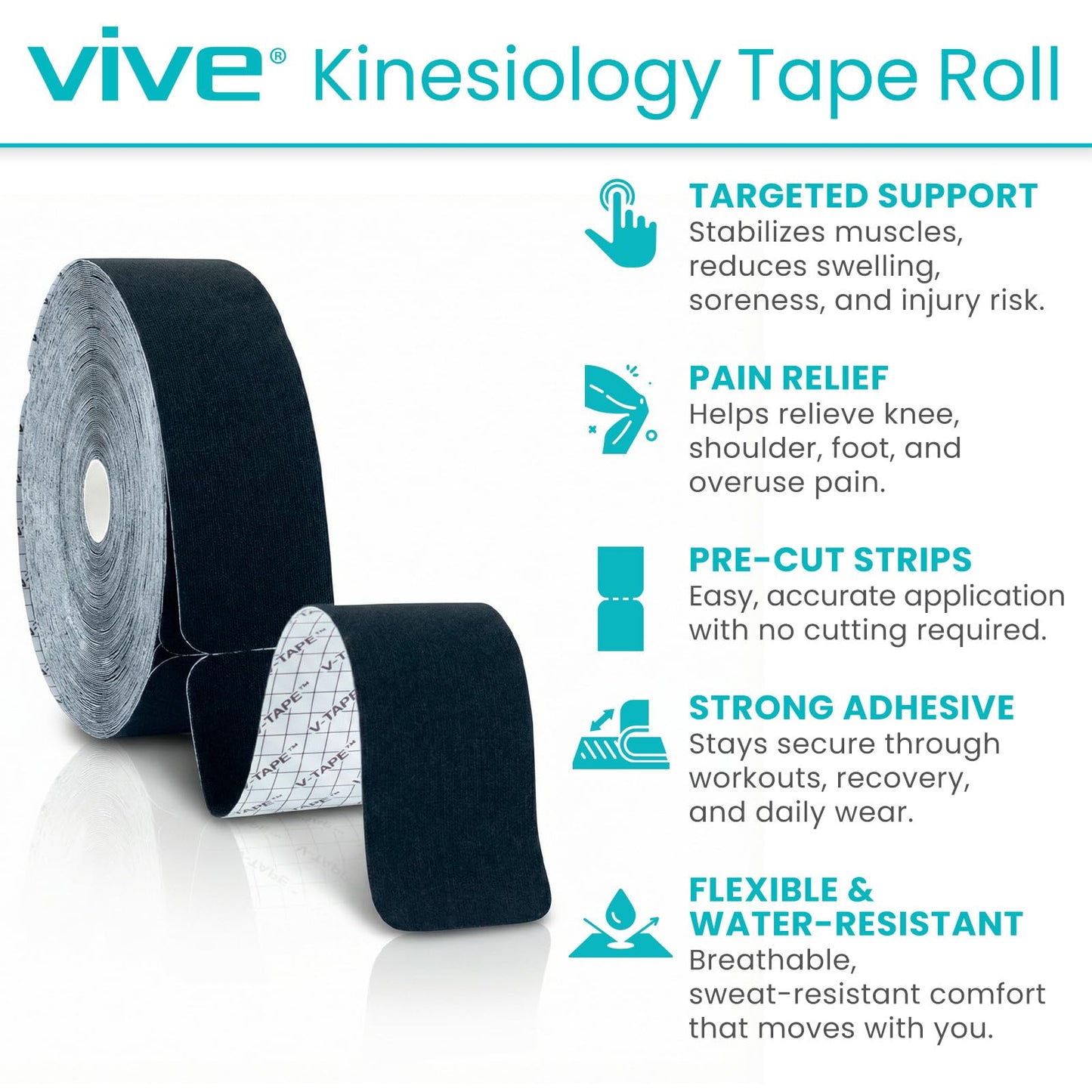 Vive K Tape Roll, Precut Strips (2" x 16 Feet) - Pro Kinesiology Tape - Athletic Sports Tape for Knee, Shoulder, Ankle & Muscle Pain Relief - Waterproof Kinetic Kinesio KTape Wrap