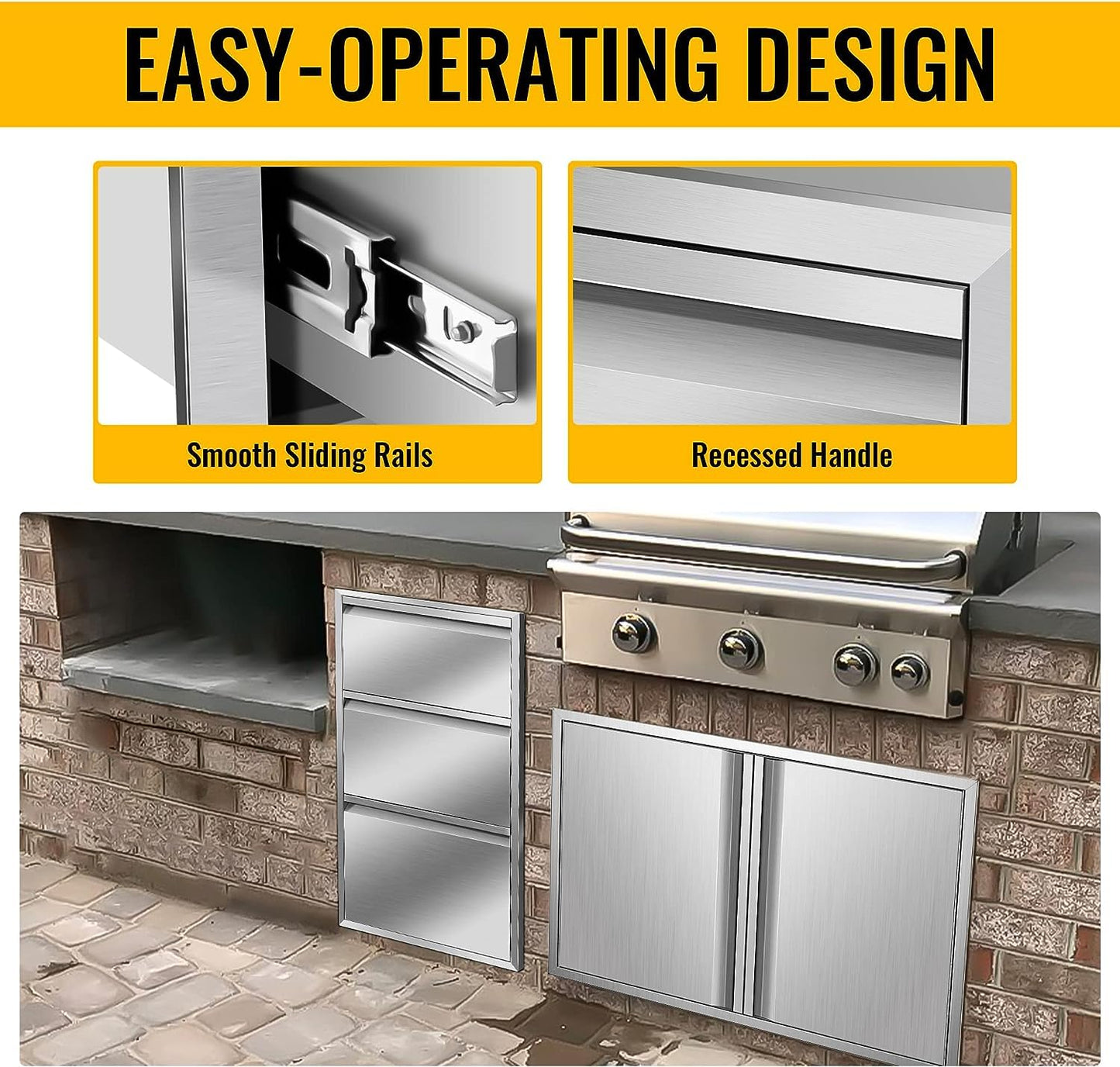 KODOM 17W x 30H x 21D Inch Outdoor Kitchen Drawers, Flush Mount Access BBQ Drawers, BBQ Island Drawers for Outdoor Kitchens or BBQ Island Patio Grill Station