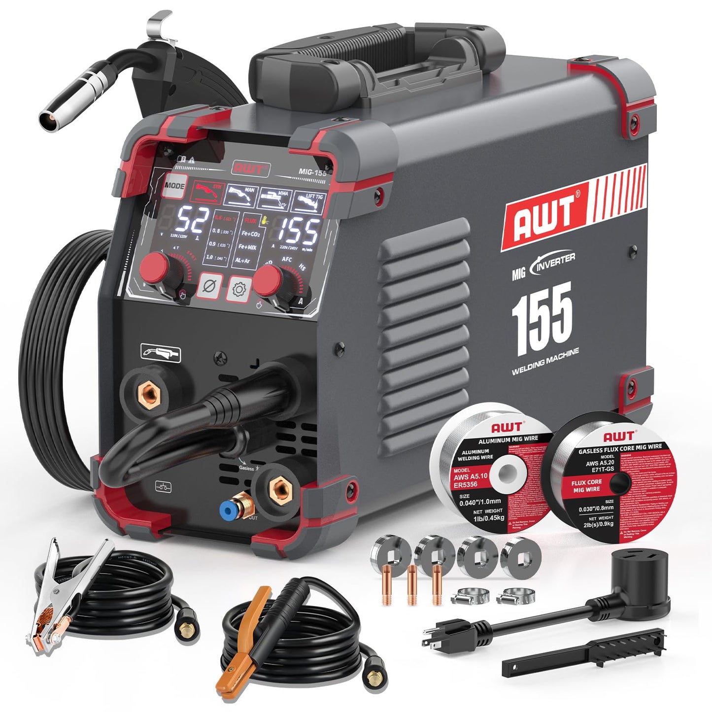 AWT Aluminum 155A MIG Welder,5 in 1 Gas MAG/Aluminum MIG/Gasless Flux Core MIG/Stick/Lift TIG Aluminum MIG Welding Machine,110/220V Welding Machine with Multiprocess Wire Feed