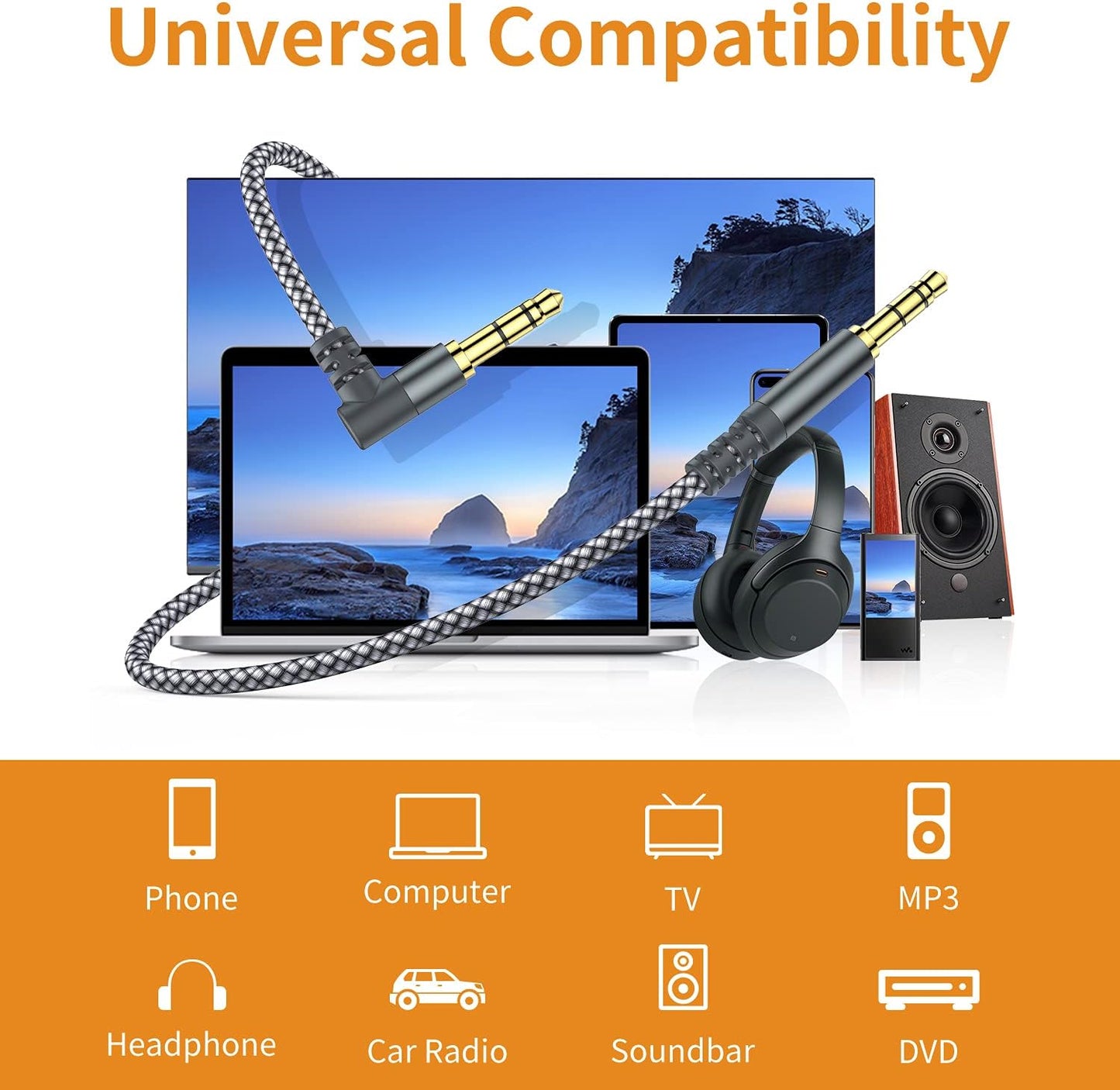 MCSPER 2 Pack 6.6ft/2M 90 3.5mm 1/8 Aux Cable, TRS Auxiliary Cables Degree Right Nylon Braided AUX Cord for Car