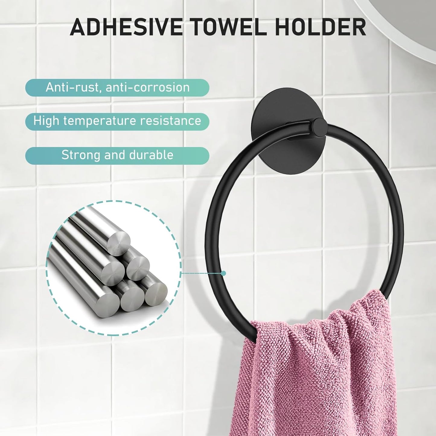 SetSail Adhesive Towel Holder - Matte Black Stainless Steel Hand Towel Ring for Bathroom & Kitchen