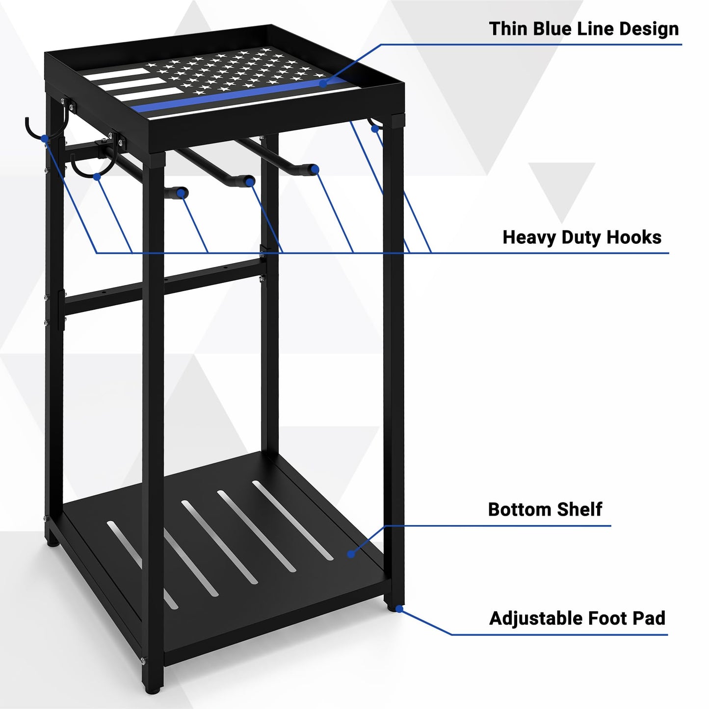 Neoaider Police Gear Stand 18” x 18” x 38”, Tactical Duty Gear Rack Decor with Thin Blue Line Flag, Black Police Hanger with 7 Hooks, Body Armor Stand for Police Gift