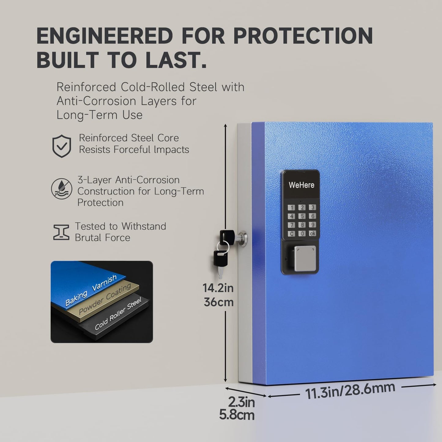 WeHere 32-Key Smart Key Lock Box with Key Management App(Track Key Borrow/Return), Keypad, Bluetooth & WiFi Unlock (Sold Separately), Wall-Mount Commercial Key Cabinet for School, Rental, Office