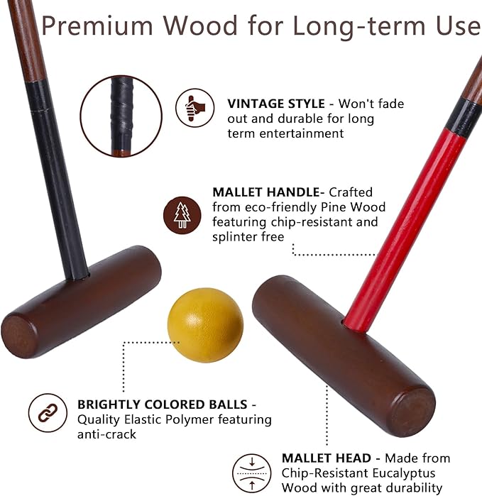Croquet Set for Adults - 8 Players Croquette Kit with 32In Regulation, 35In Deluxe Size Rubber Wood Mallets, Colored PE Ball, Wickets, 24In End Stakes, Lawn Backyard Game for Families