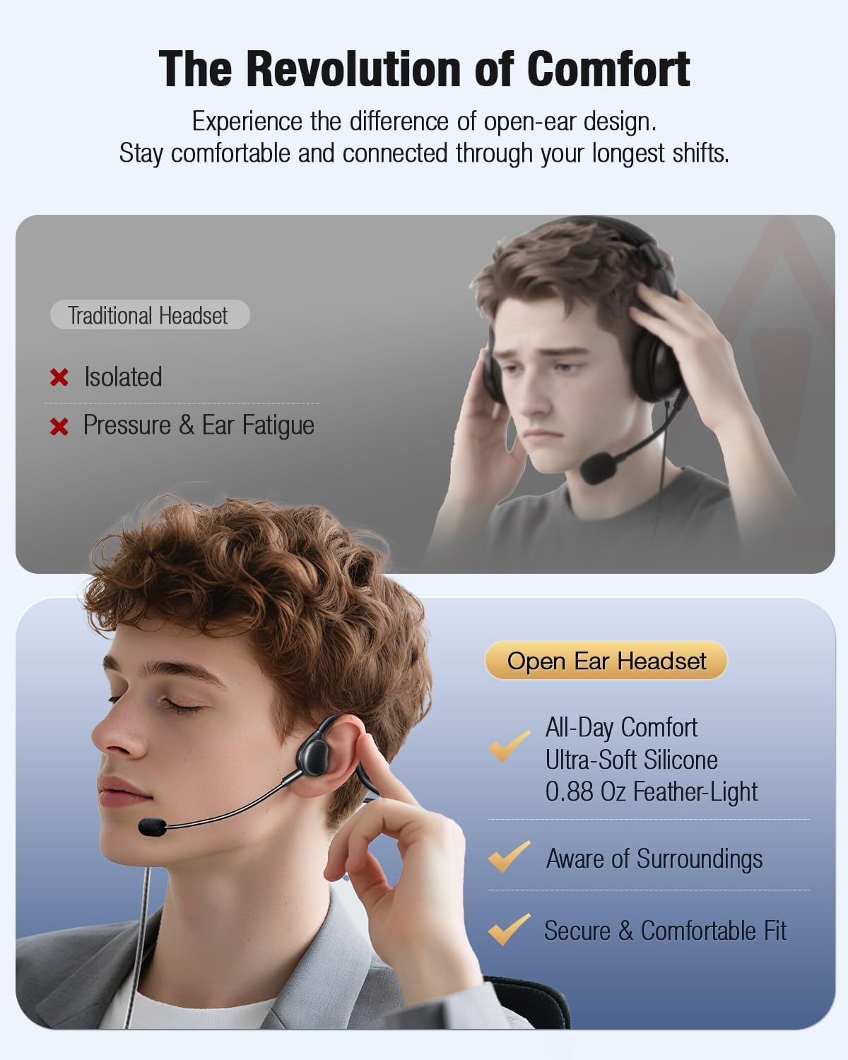 QOEKUEY Headset Headset USB with Mic for Call Center & Office Use - Open Ear Headphones for All-Day Comfort, Computer