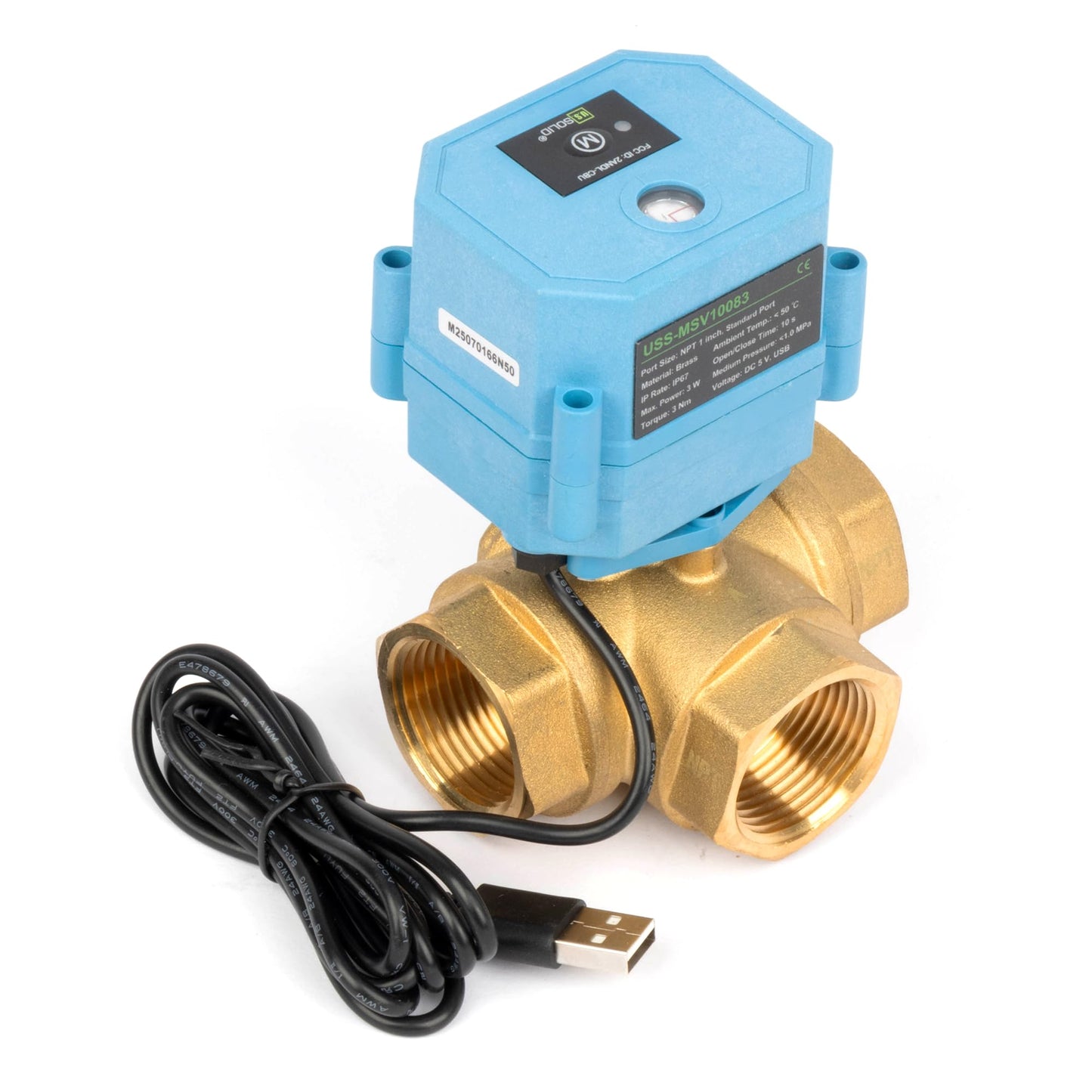 Motorized Ball Valve 1 in NPT U.S. Solid 3 Way Brass WiFi Smart Electric Valve USB Powered with LED Status Indicator and Flow Direction Window