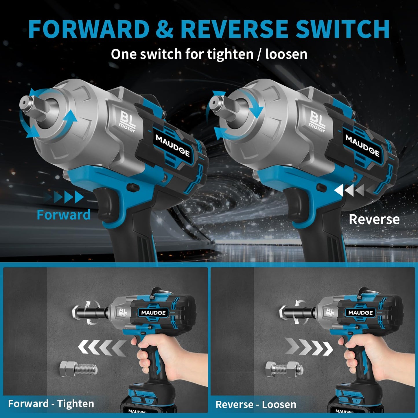 MAUDOE 2000Nm Cordless Impact Gun, 1/2" 1500Ft-lbs Heavy Duty Impact Wrench with 2 x 6.0Ah Battery & 5 Sockets, 21V Brushless High Torque Electric Pistola Llave de Impacto for Car/Truck RV/Mower