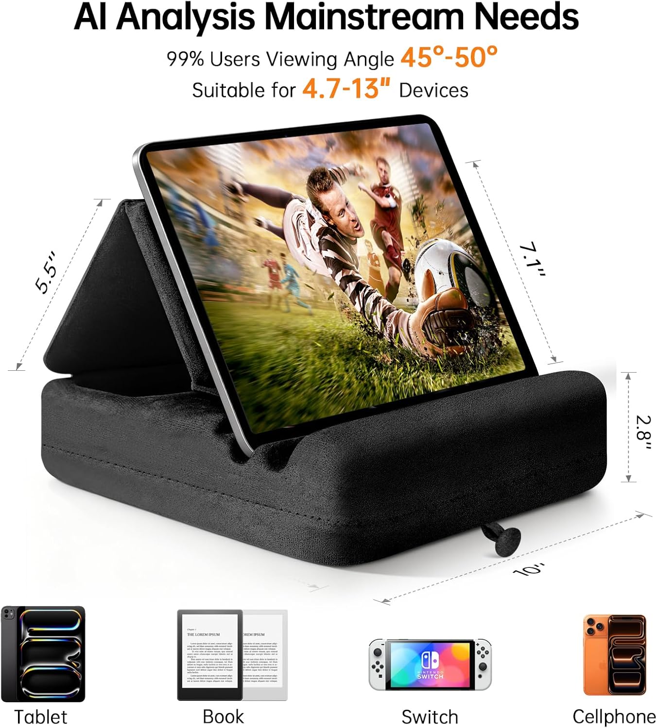 TpeeTeek 4-13" Tablet Pillow Stand with Storage, Foldable iPad Holder for Lep, Bed, Sofa, and Desk - Soft Pad Dock
